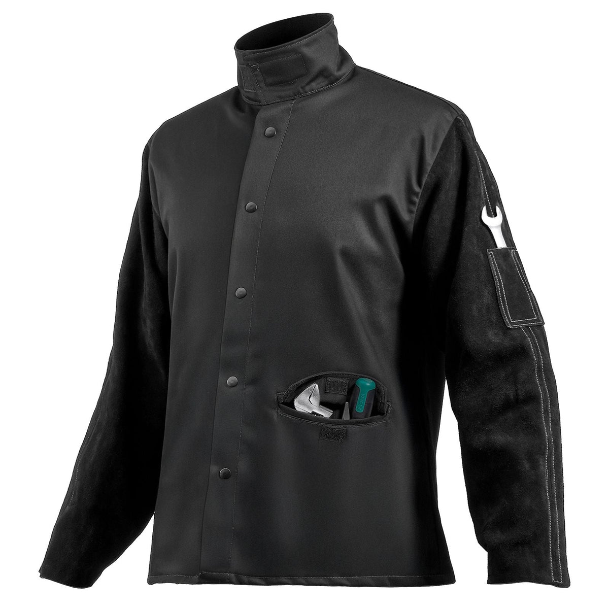Flame Resistant Welding Jacket, Heavy Duty Split Cowhide Leather Sleeves + 9 oz. FR Pure Cotton Body, Heat-Resistant Welding Safety Jacket for Welder Fitters - XL Size