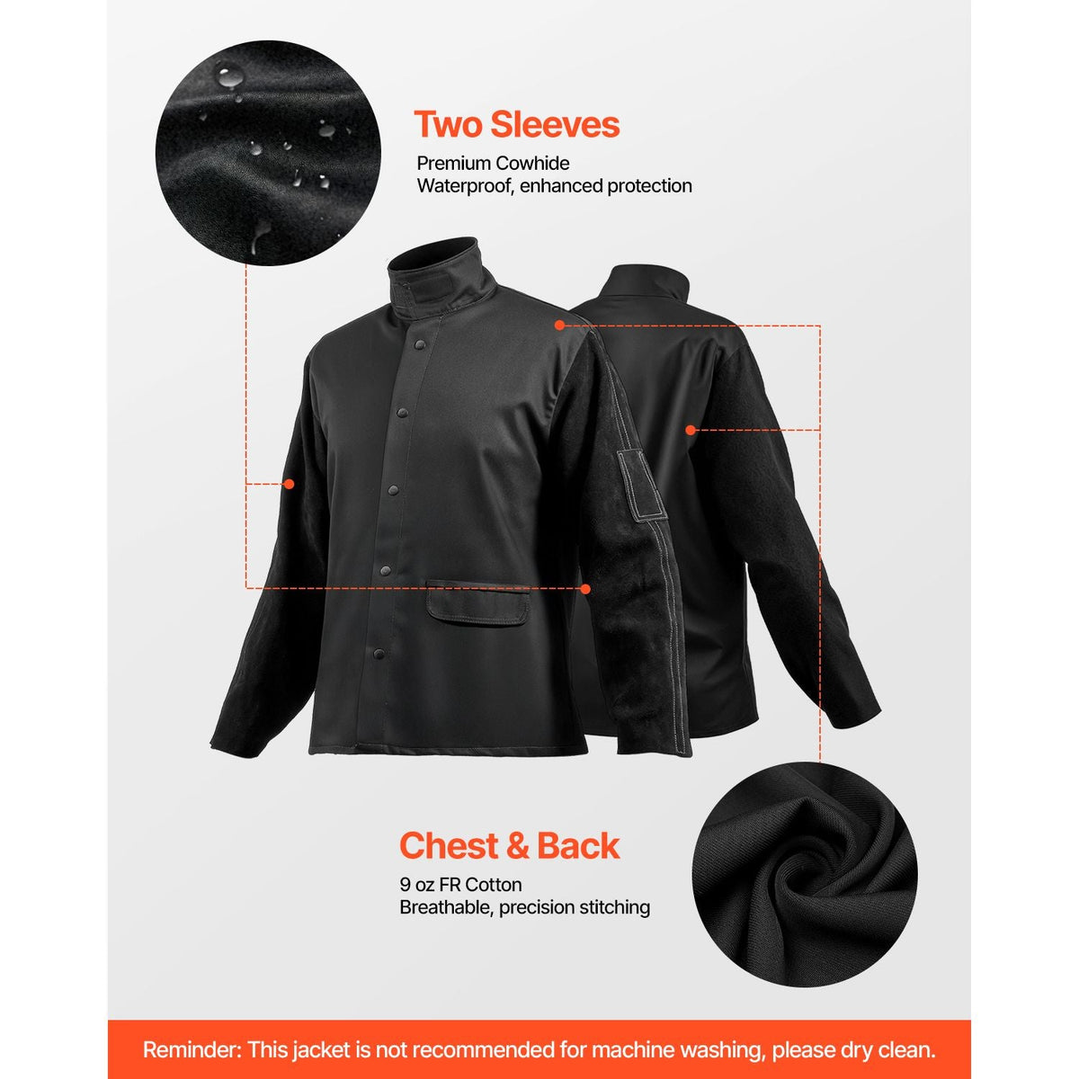 Flame Resistant Welding Jacket, Heavy Duty Split Cowhide Leather Sleeves + 9 oz. FR Pure Cotton Body, Heat-Resistant Welding Safety Jacket for Welder Fitters - XXL Size