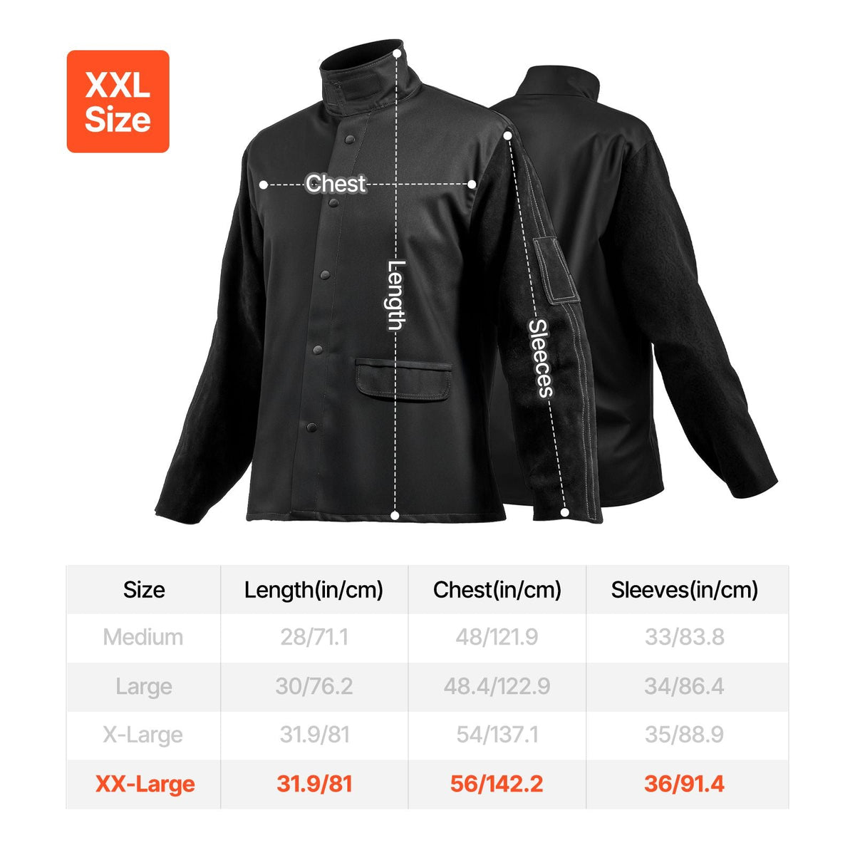 Flame Resistant Welding Jacket, Heavy Duty Split Cowhide Leather Sleeves + 9 oz. FR Pure Cotton Body, Heat-Resistant Welding Safety Jacket for Welder Fitters - XXL Size
