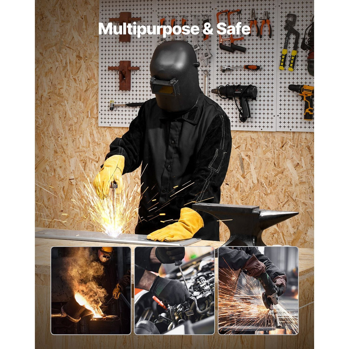 Flame Resistant Welding Jacket, Heavy Duty Split Cowhide Leather Sleeves + 9 oz. FR Pure Cotton Body, Heat-Resistant Welding Safety Jacket for Welder Fitters - XXL Size