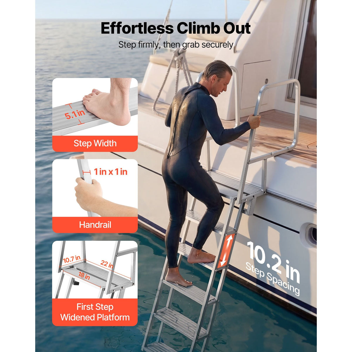 Flip-Up Dock Ladder, 6-Step, Heavy-Duty Aluminum Alloy Pontoon Boat Swim Ladder, with Non-Slip Wide Steps, 350 lbs Weight Capacity, Pull Rope Assist, Comfort Use for Lake Pool Marine Boarding