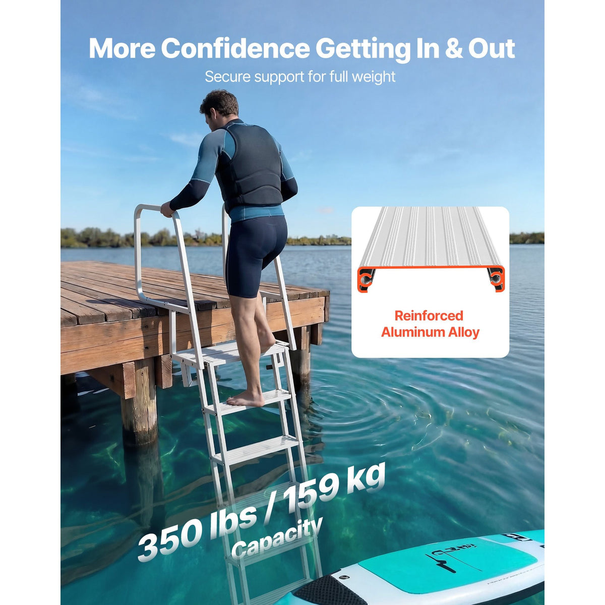 Flip-Up Dock Ladder, 6-Step, Heavy-Duty Aluminum Alloy Pontoon Boat Swim Ladder, with Non-Slip Wide Steps, 350 lbs Weight Capacity, Pull Rope Assist, Comfort Use for Lake Pool Marine Boarding