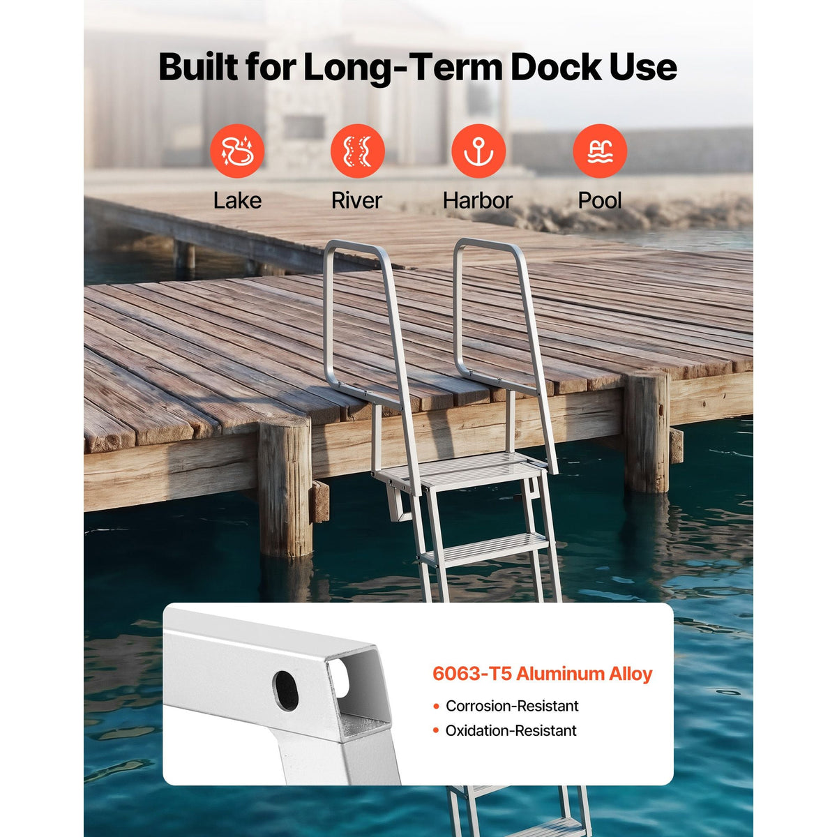 Flip-Up Dock Ladder, 6-Step, Heavy-Duty Aluminum Alloy Pontoon Boat Swim Ladder, with Non-Slip Wide Steps, 350 lbs Weight Capacity, Pull Rope Assist, Comfort Use for Lake Pool Marine Boarding