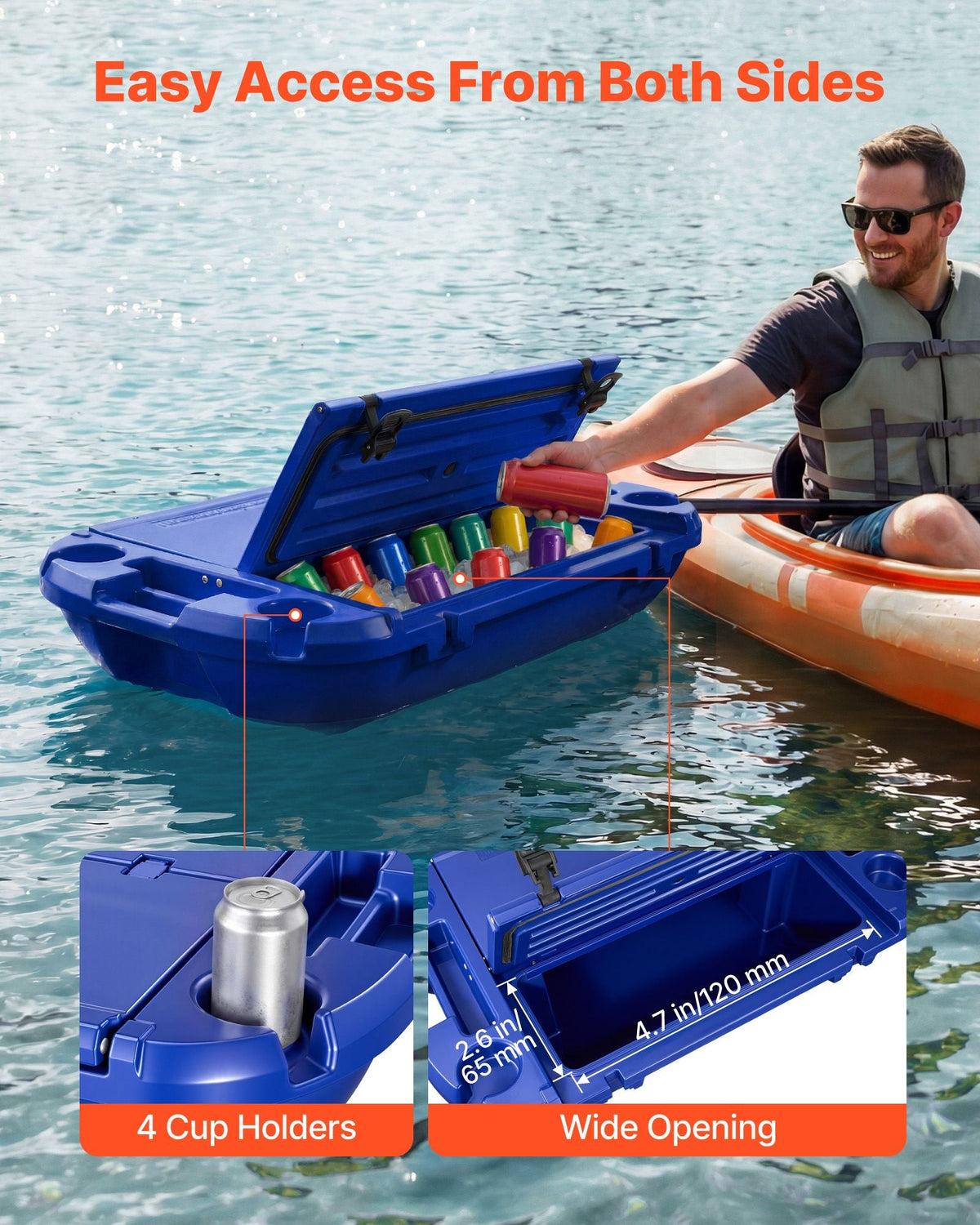 Floating Cooler, 40 QT Floating Ice Chest with Dry Storage & Tow Rope, Premium LLDPE Amphibious Drink Cooler for Water & Land, Smooth Stable Cruiser on Lake, River, Pool, Beach, Kayak, Deep Blue