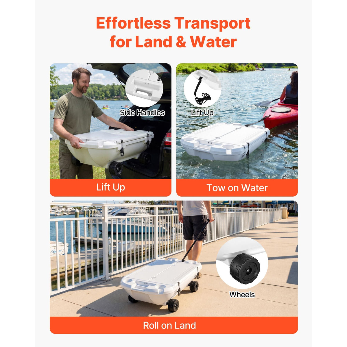 Floating Cooler, 40 QT Floating Ice Chest with Dry Storage, Wheels & Tow Rope, Premium LLDPE Amphibious Drink Cooler for Water & Land, Cruise Stable on Lake, River, Pool, Beach, Kayak, White