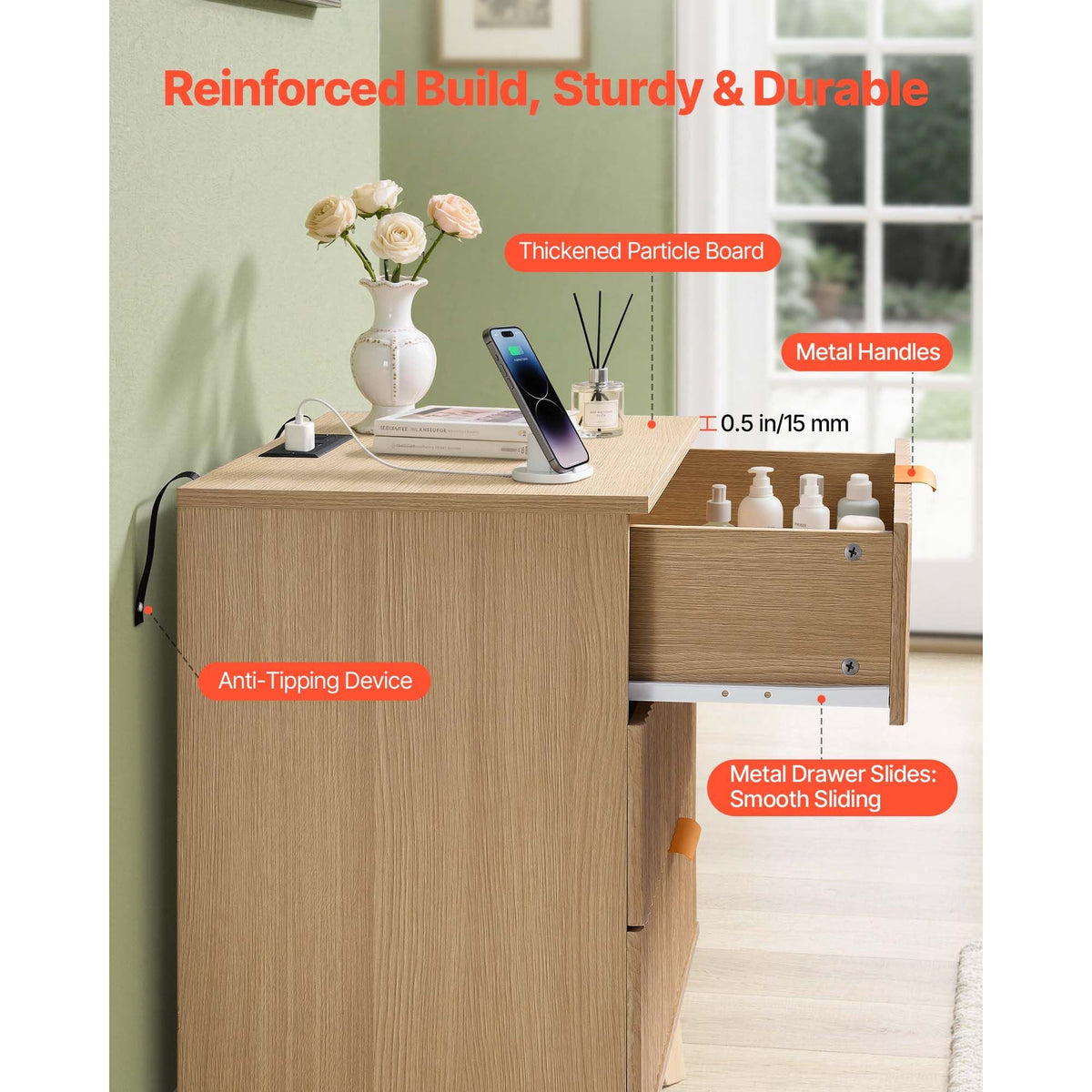 Fluted Nightstand with Charging Station, with 3 Drawers, Dresser for Bedroom, Mid Century Modern End Table, Bedside Storage Cabinet Side Table Chest of Dresser, for Bedroom, Living Room, Khaki