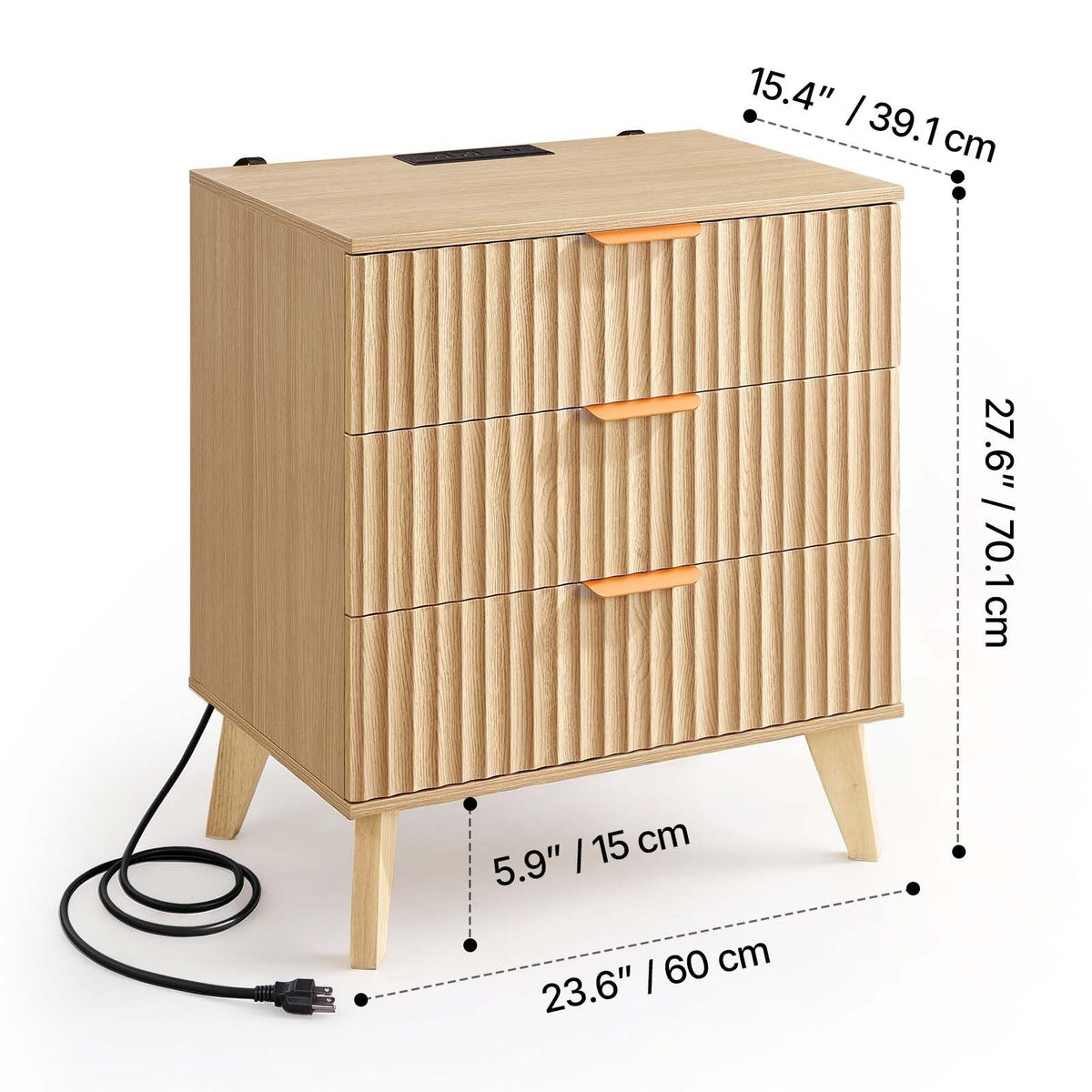 Fluted Nightstand with Charging Station, with 3 Drawers, Dresser for Bedroom, Mid Century Modern End Table, Bedside Storage Cabinet Side Table Chest of Dresser, for Bedroom, Living Room, Khaki