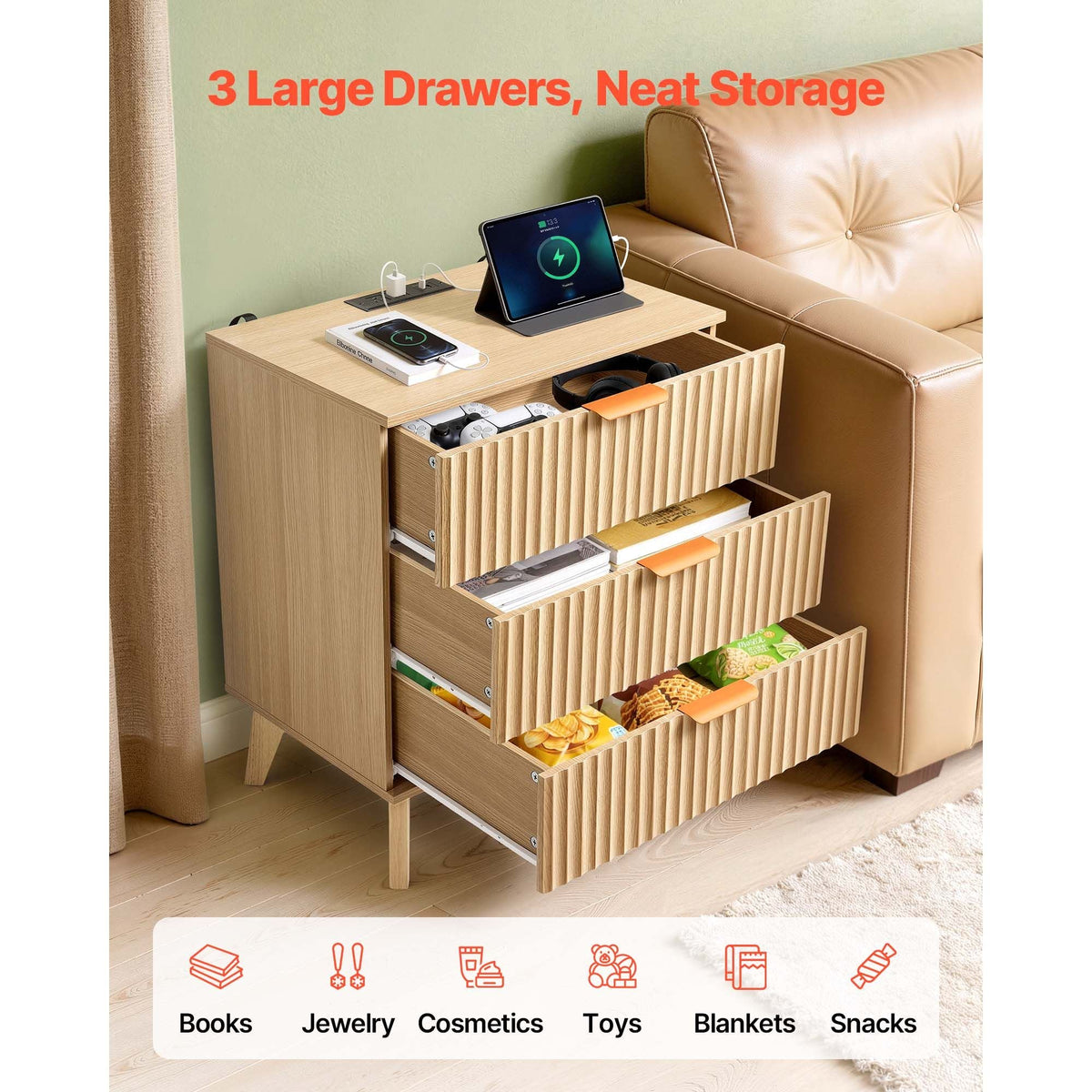 Fluted Nightstand with Charging Station, with 3 Drawers, Dresser for Bedroom, Mid Century Modern End Table, Bedside Storage Cabinet Side Table Chest of Dresser, for Bedroom, Living Room, Khaki