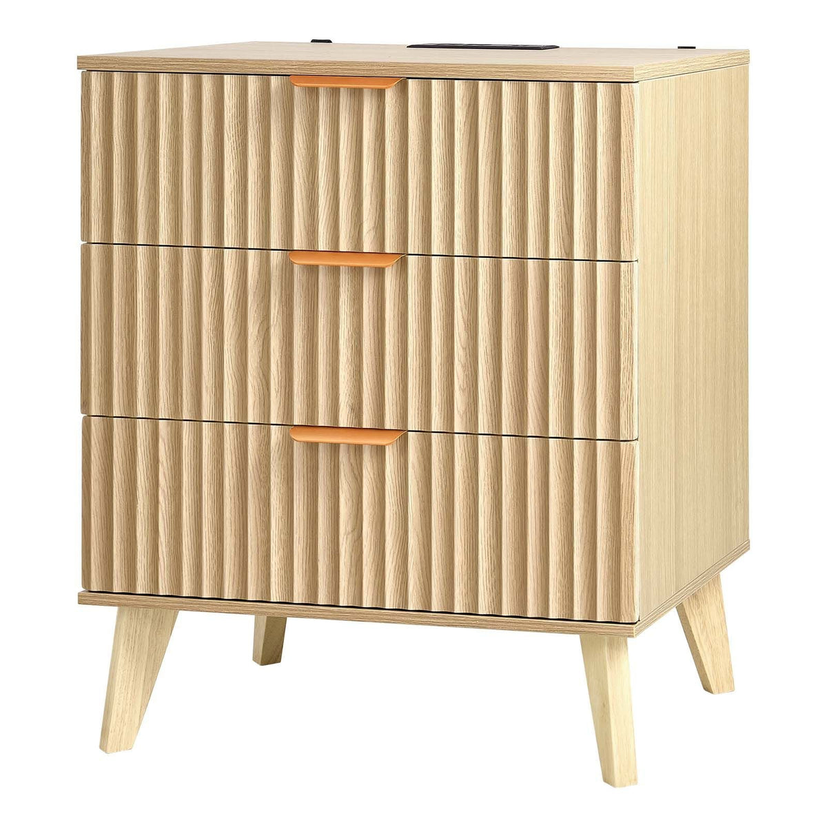 Fluted Nightstand with Charging Station, with 3 Drawers, Dresser for Bedroom, Mid Century Modern End Table, Bedside Storage Cabinet Side Table Chest of Dresser, for Bedroom, Living Room, Khaki