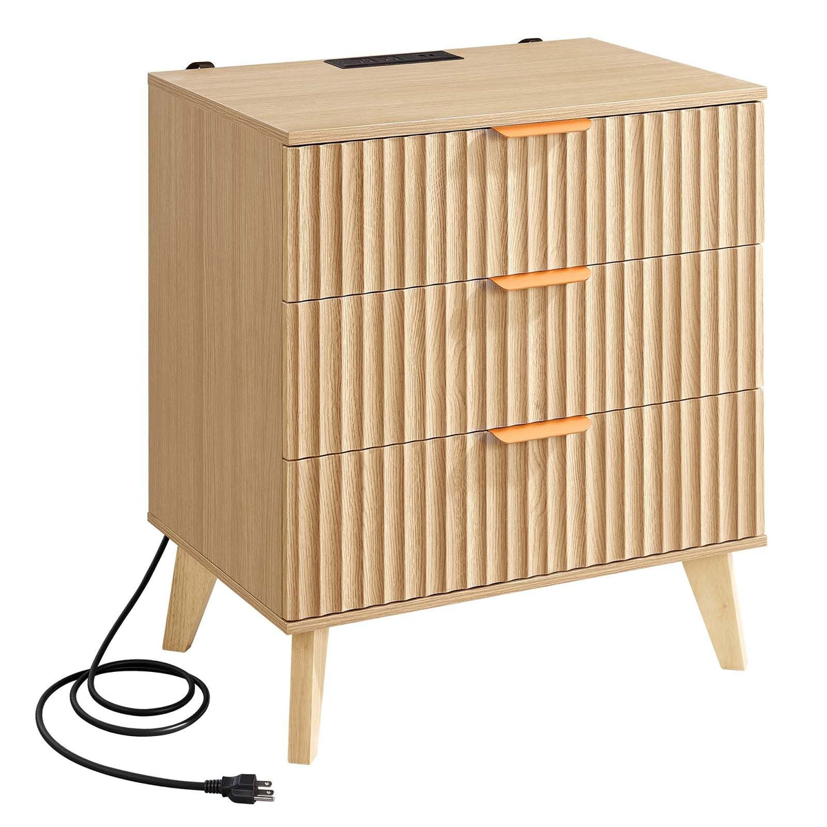 Fluted Nightstand with Charging Station, with 3 Drawers, Dresser for Bedroom, Mid Century Modern End Table, Bedside Storage Cabinet Side Table Chest of Dresser, for Bedroom, Living Room, Khaki