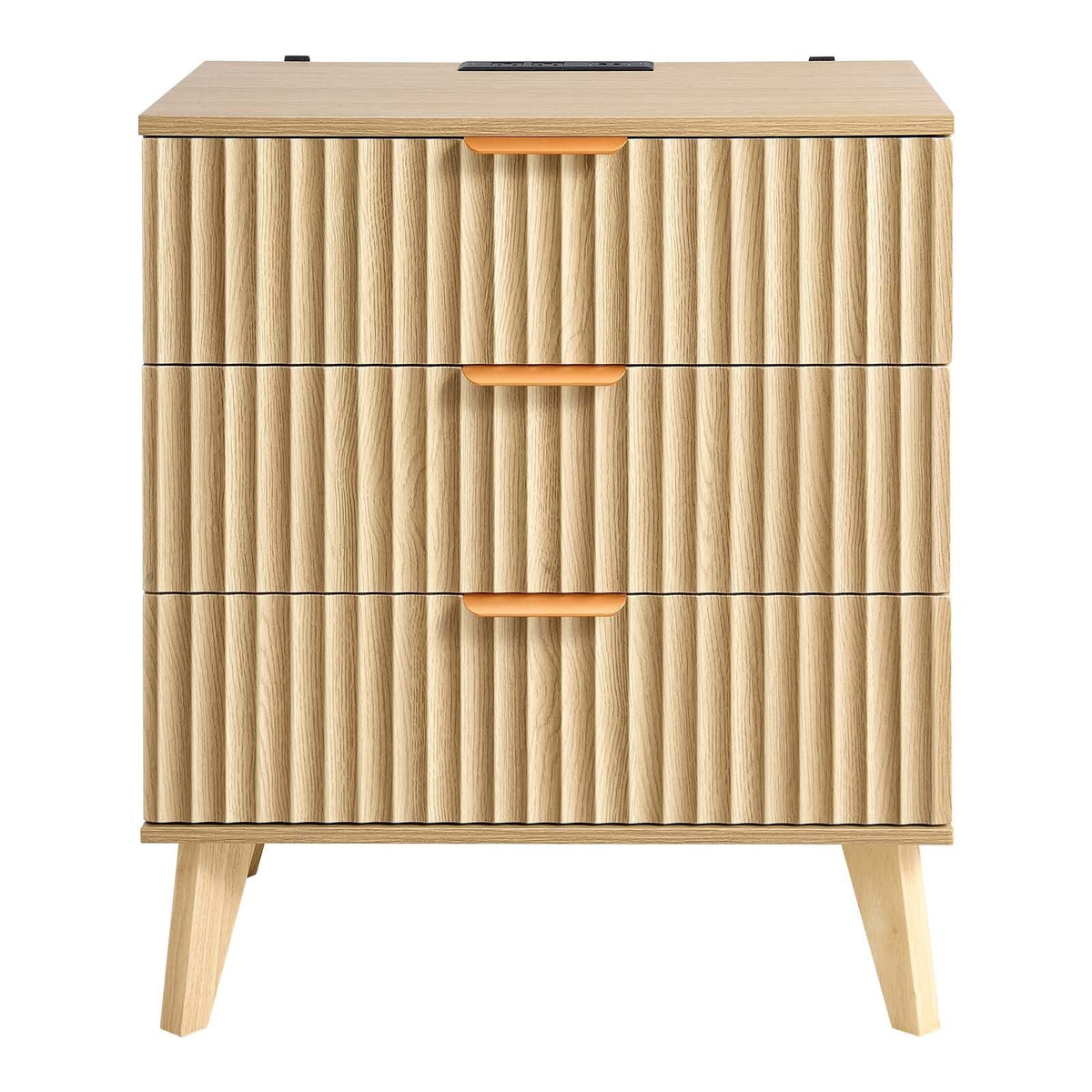 Fluted Nightstand with Charging Station, with 3 Drawers, Dresser for Bedroom, Mid Century Modern End Table, Bedside Storage Cabinet Side Table Chest of Dresser, for Bedroom, Living Room, Khaki