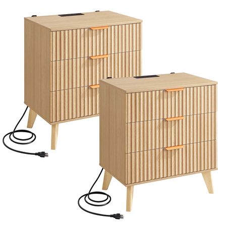 Fluted Nightstands with Charging Station, Set of 2, Dresser for Bedroom with 3 Drawers, Mid Century Modern End Table, Bedside Cabinet Side Table Chest of Dresser, for Bedroom, Living Room, Khaki