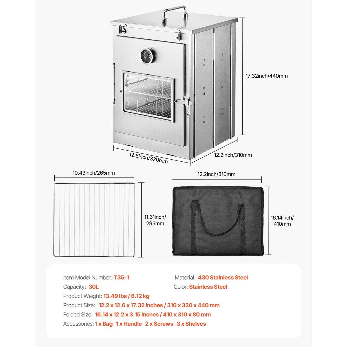 Foldable Camping Oven, Stainless Steel Portable Camping Stove, with 3 Tier Grill, Handle and Thermometer, Use with Wood Burning Fire, Propane Stoves, for Baking Bread, Pizza, Outdoor Cooking