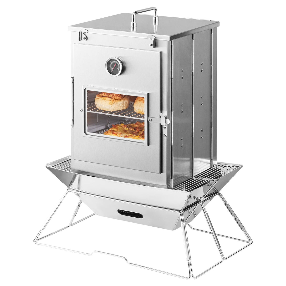 Foldable Camping Oven, Stainless Steel Portable Camping Stove, with 3 Tier Grill, Handle and Thermometer, Use with Wood Burning Fire, Propane Stoves, for Baking Bread, Pizza, Outdoor Cooking