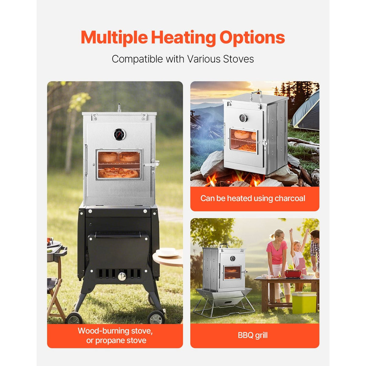 Foldable Camping Oven, Stainless Steel Portable Camping Stove, with 3 Tier Grill, Handle and Thermometer, Use with Wood Burning Fire, Propane Stoves, for Baking Bread, Pizza, Outdoor Cooking