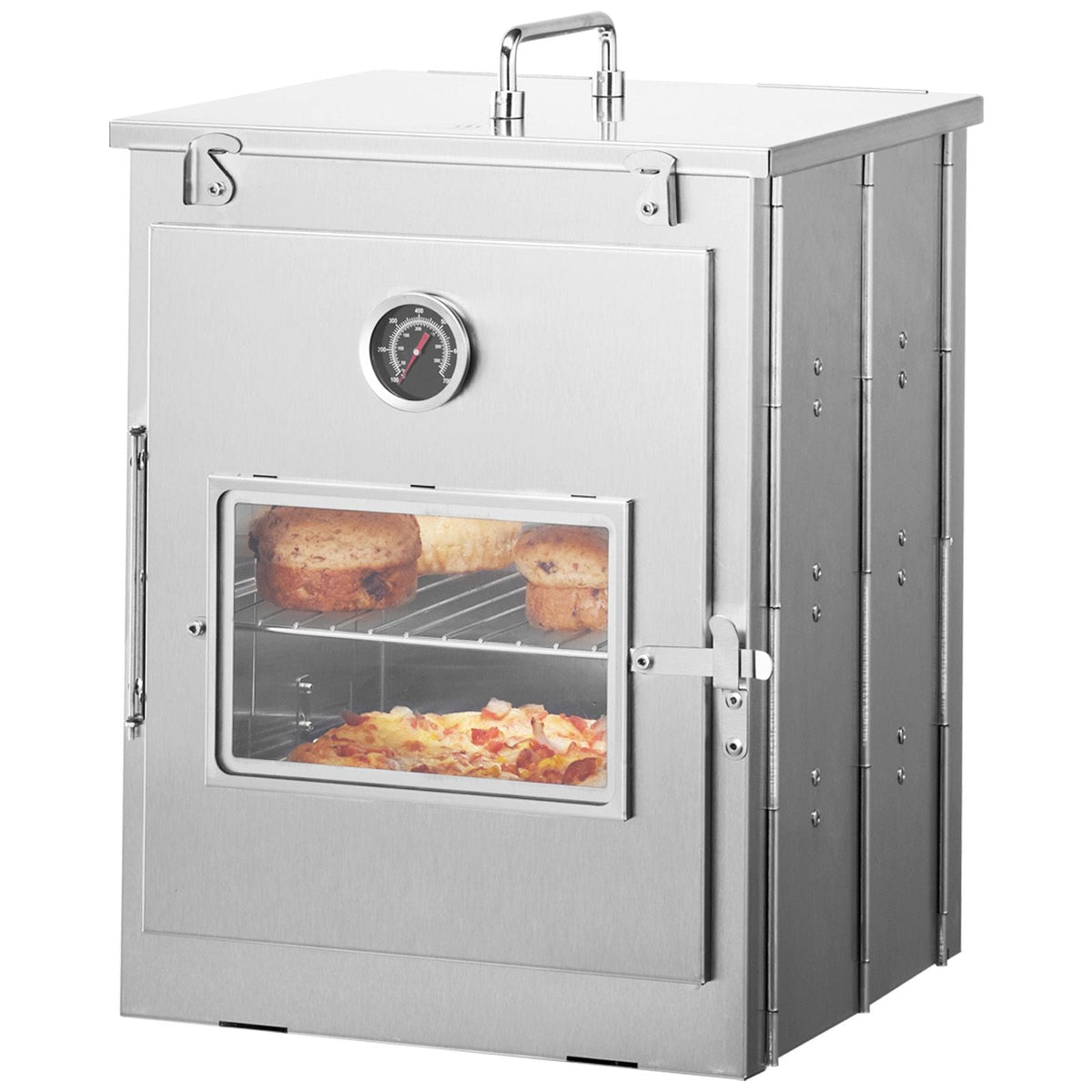Foldable Camping Oven, Stainless Steel Portable Camping Stove, with 3 Tier Grill, Handle and Thermometer, Use with Wood Burning Fire, Propane Stoves, for Baking Bread, Pizza, Outdoor Cooking