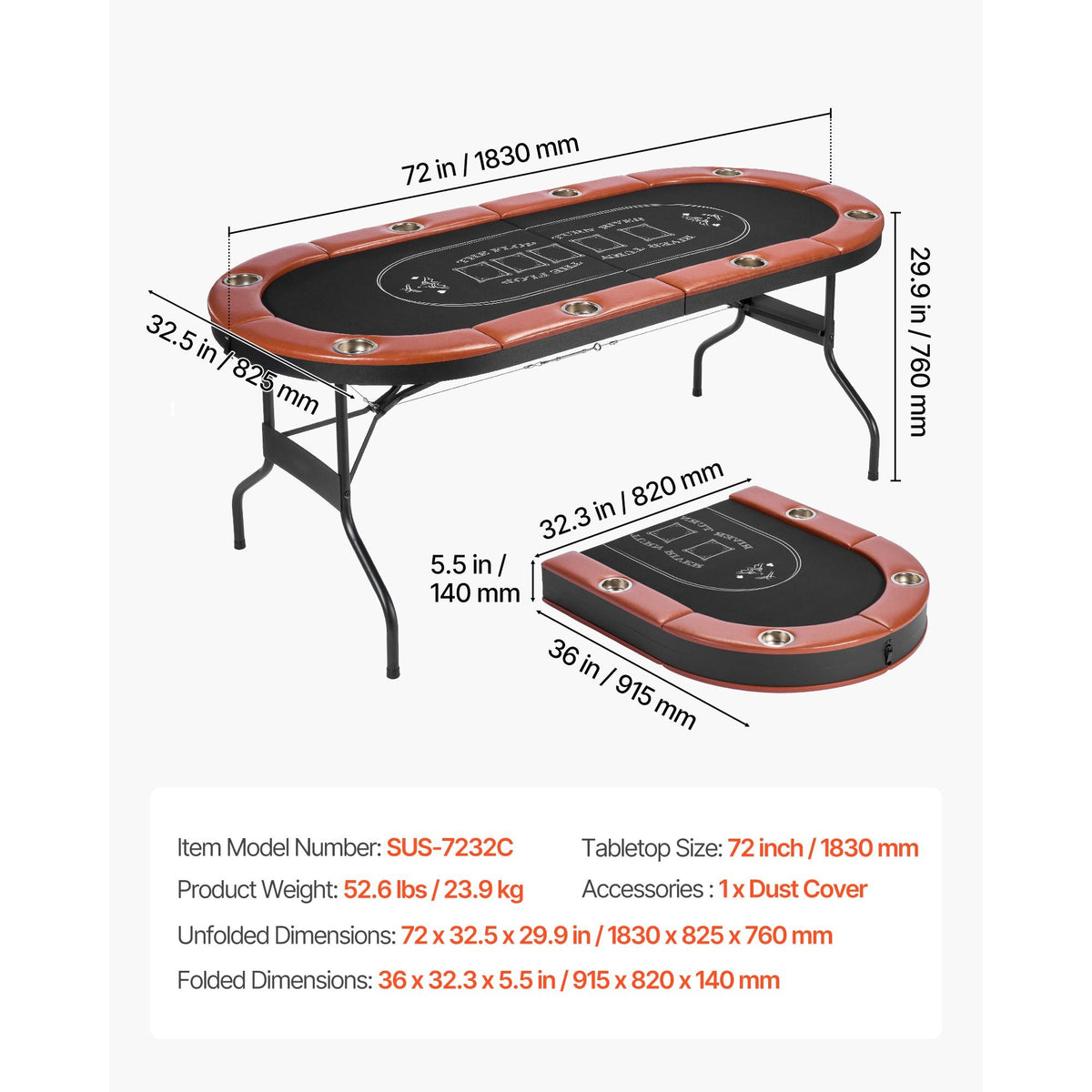 Foldable Poker Table, 8 Player 72 in Folding Casino Leisure Table with Padded Rails and Cup Holders, Oval Portable Game Tables with Felt & Metal Legs, for Texas Hold'em Game and Blackjack