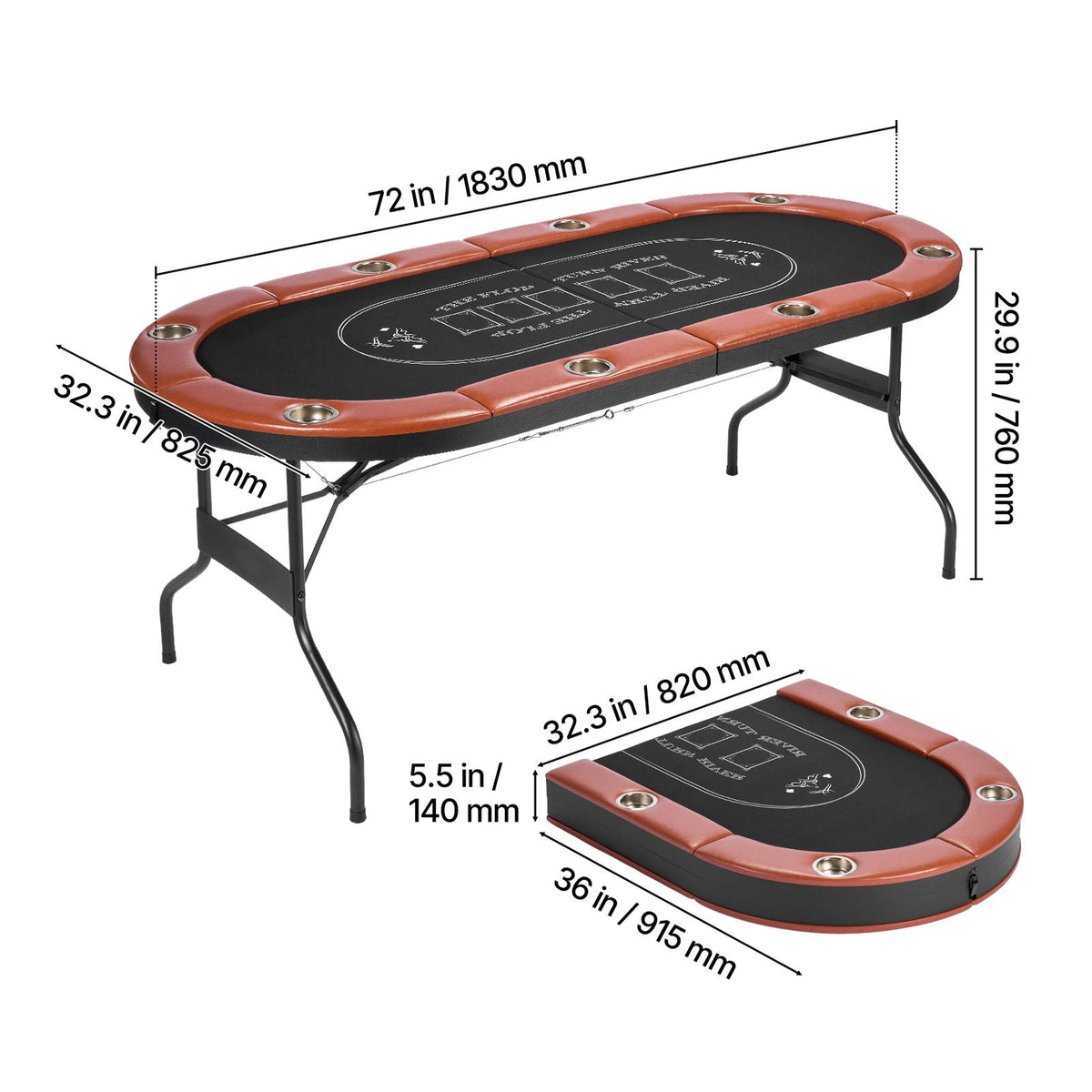 Foldable Poker Table, 8 Player 72 in Folding Casino Leisure Table with Padded Rails and Cup Holders, Oval Portable Game Tables with Felt & Metal Legs, for Texas Hold'em Game and Blackjack