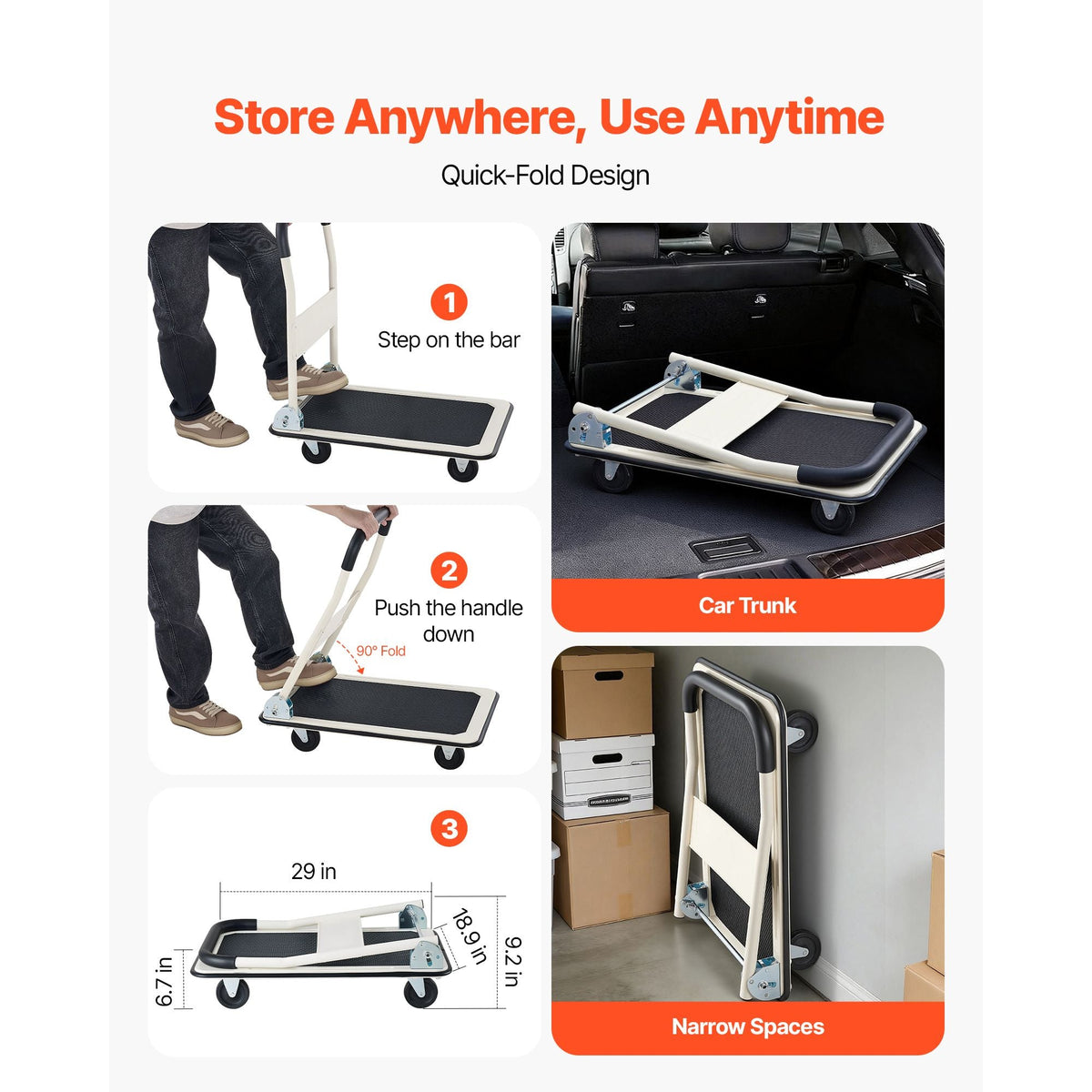 Foldable Push Cart Dolly, 330 lbs Load Capacity, Folding Platform Truck with Swivel Wheels, Moving Platform Hand Truck Flatbed Cart, Space Saving Push Handle, for Easy Storage, 29x18.9x32.5in