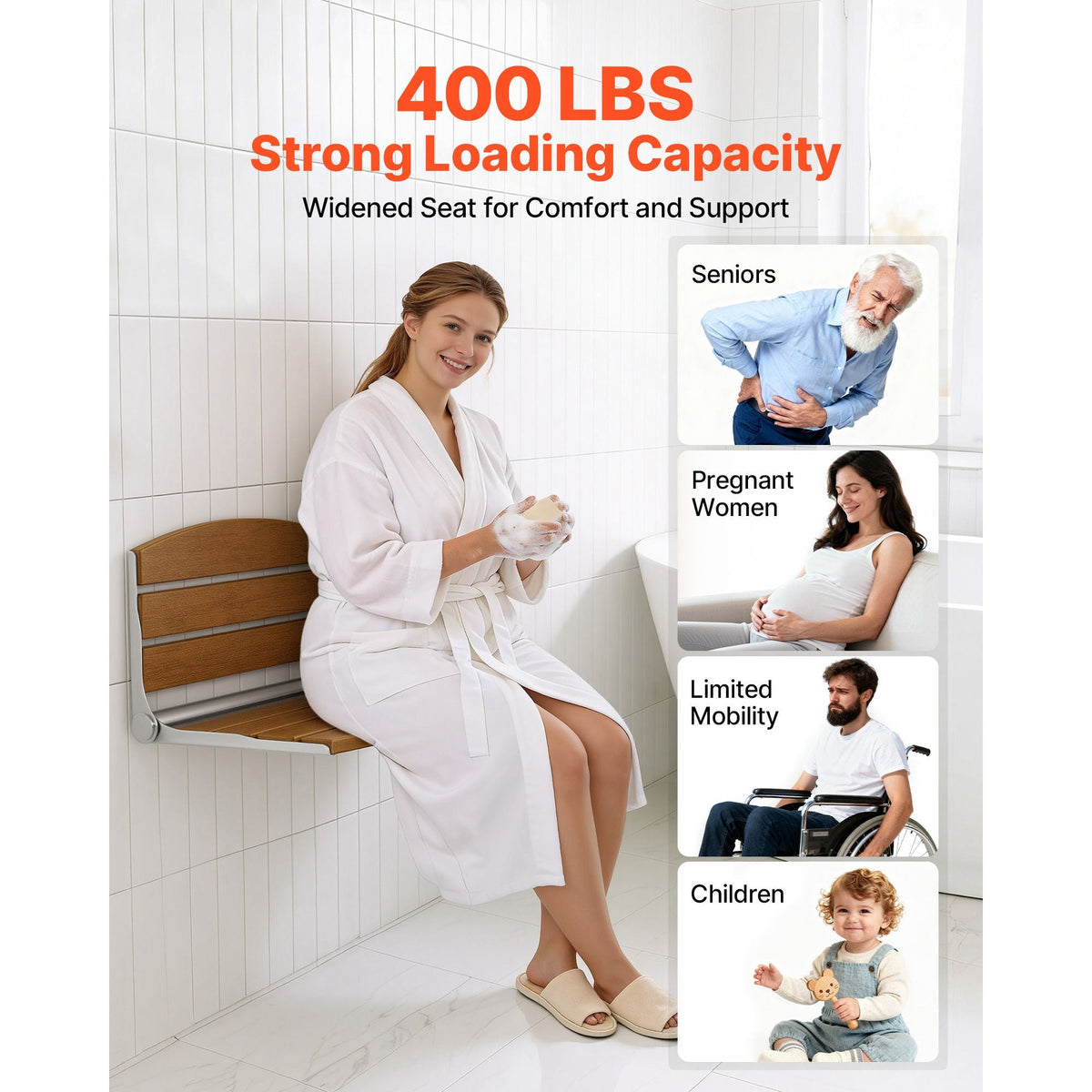 Foldable Shower Seat Wall Mounted, 17.7" Folding Shower Bench with Supportive Backrest, Fold-Down Bathroom Corridor Seat with Stainless Steel Frame for Adults Seniors, 400LBS Loading