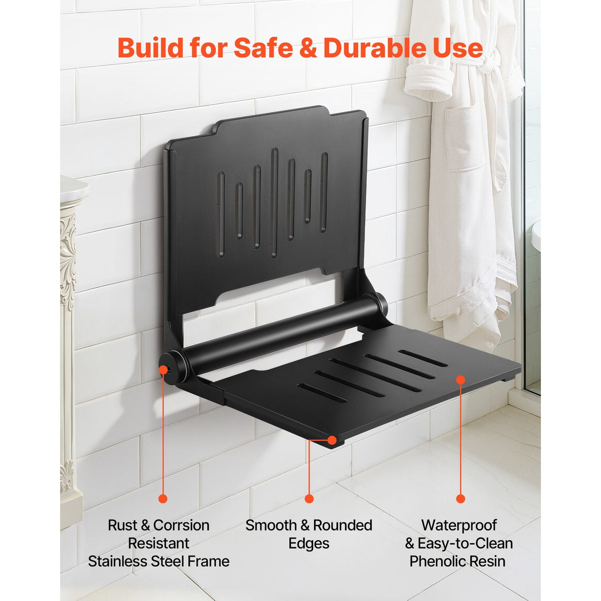 Foldable Shower Seat Wall Mounted, 17.8" Folding Shower Bench with Supportive Backrest, Plastic Fold-Down Bathroom Corridor Seat with Stainless Steel Frame for Adults Seniors, 400LBS Loading