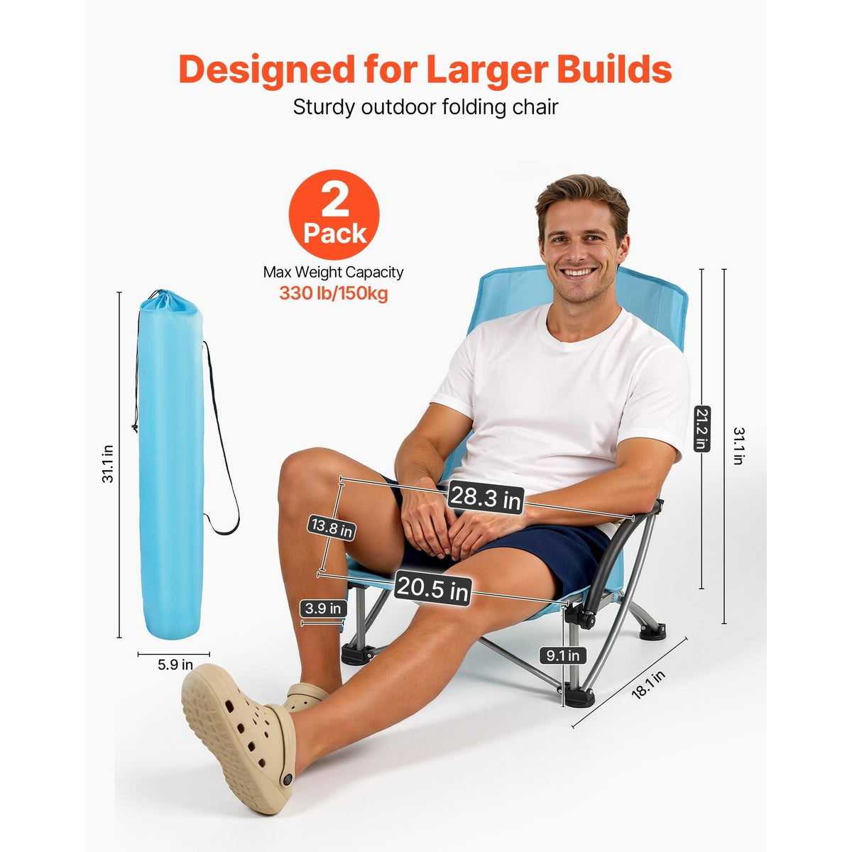 Folding Beach Chair, High Back Camping Chairs for Adults, with Cup Pocket, Mesh Back, Carry Bag, Portable Extra Wide Seat Chair 330 lbs Heavy Duty Support, for Outdoor, Camp, Light Blue, 2 Pack