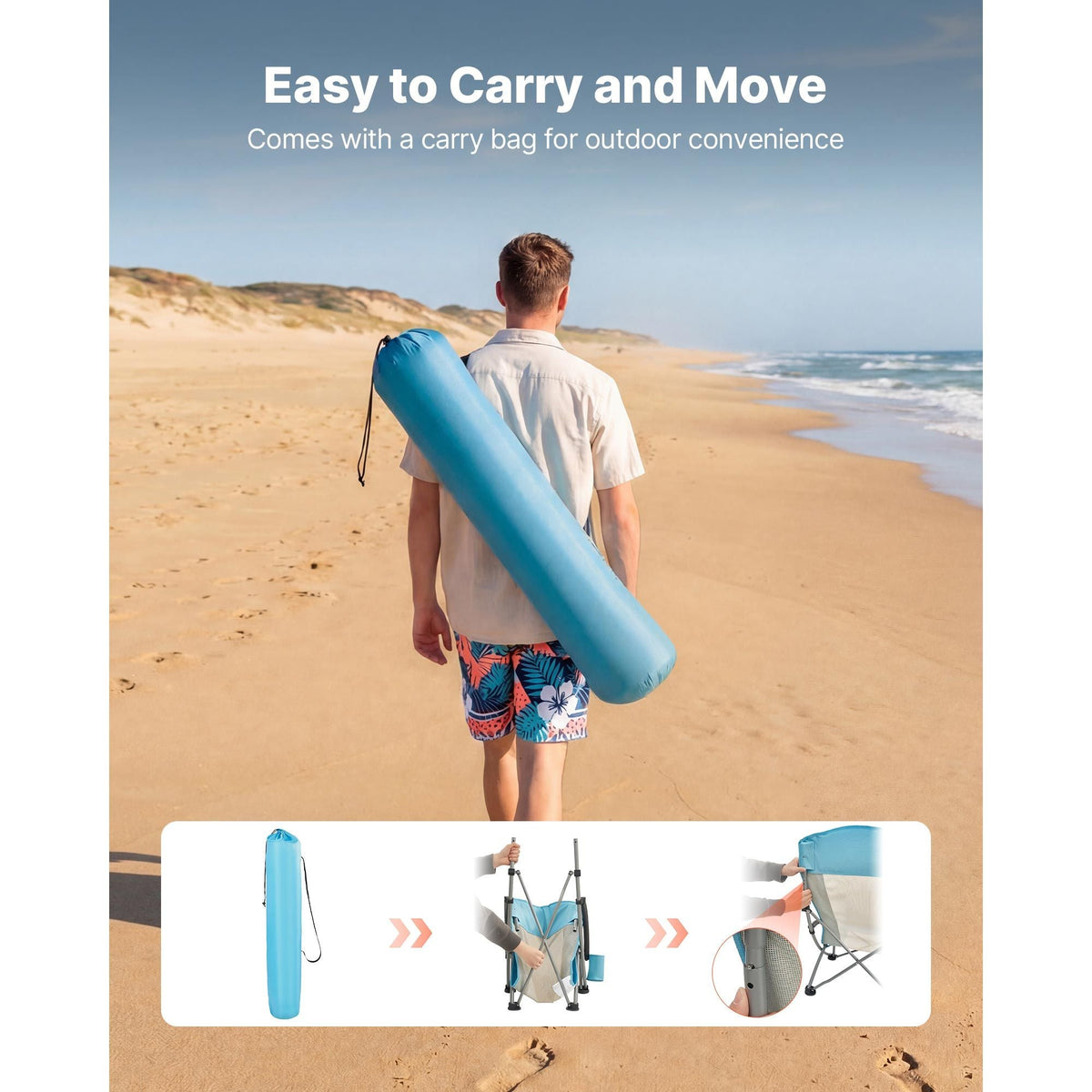 Folding Beach Chair, High Back Camping Chairs for Adults, with Cup Pocket, Mesh Back, Carry Bag, Portable Extra Wide Seat Chair 330 lbs Heavy Duty Support, for Outdoor, Camp, Light Blue