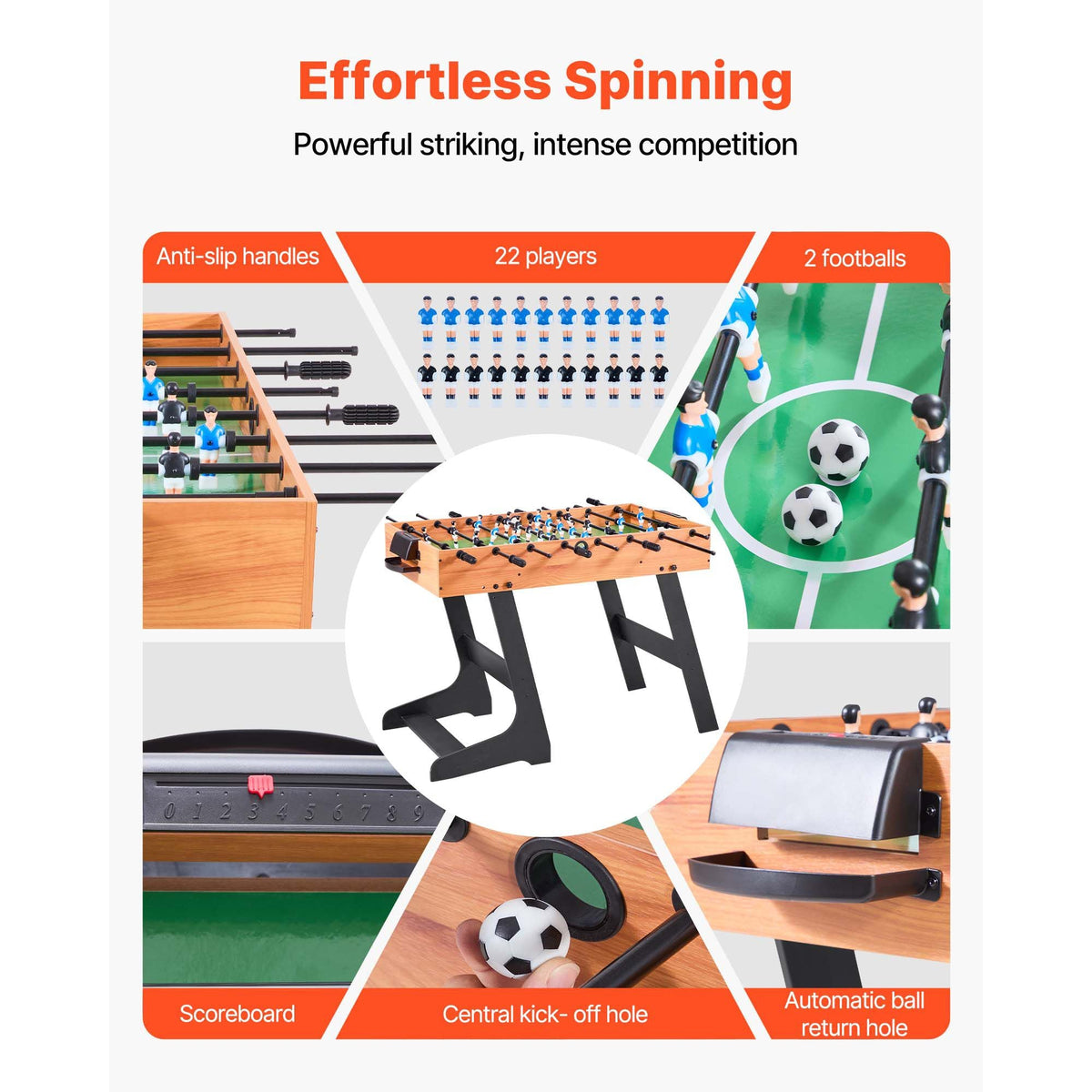 Folding Foosball Table, 42 inch Standard Size Table, Indoor Full Size Foosball Tables for Home, Family, and Game Room, Durable Soccer Set, Includes 2 Balls