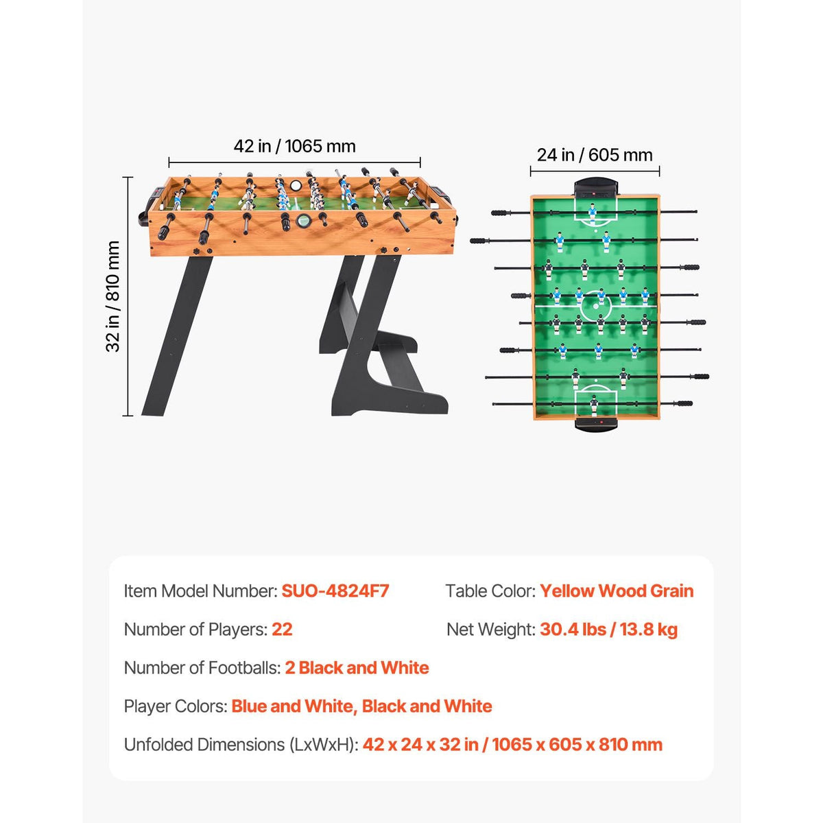 Folding Foosball Table, 42 inch Standard Size Table, Indoor Full Size Foosball Tables for Home, Family, and Game Room, Durable Soccer Set, Includes 2 Balls
