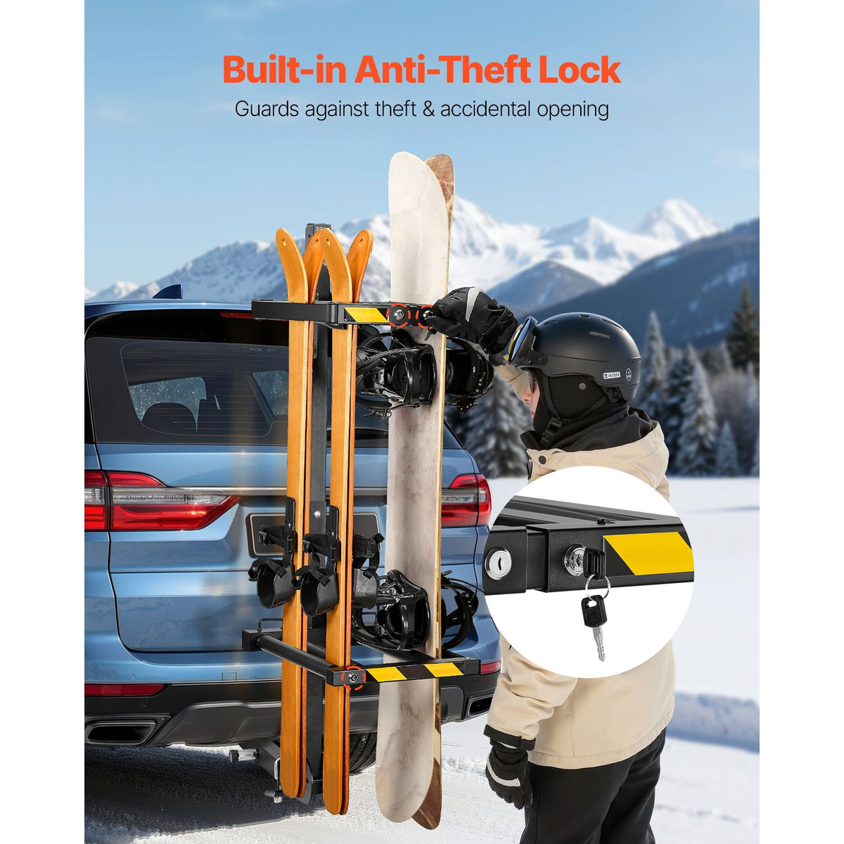 Folding Hitch Mounted Ski & Snowboard Rack, Fits 2-Inch Receiver, Carries up to 6 Pairs of Skis or 4 Snowboards, Adjustable Hitch-Mounted Rack for Car with Key Lock, Security Strap, Tilt Access