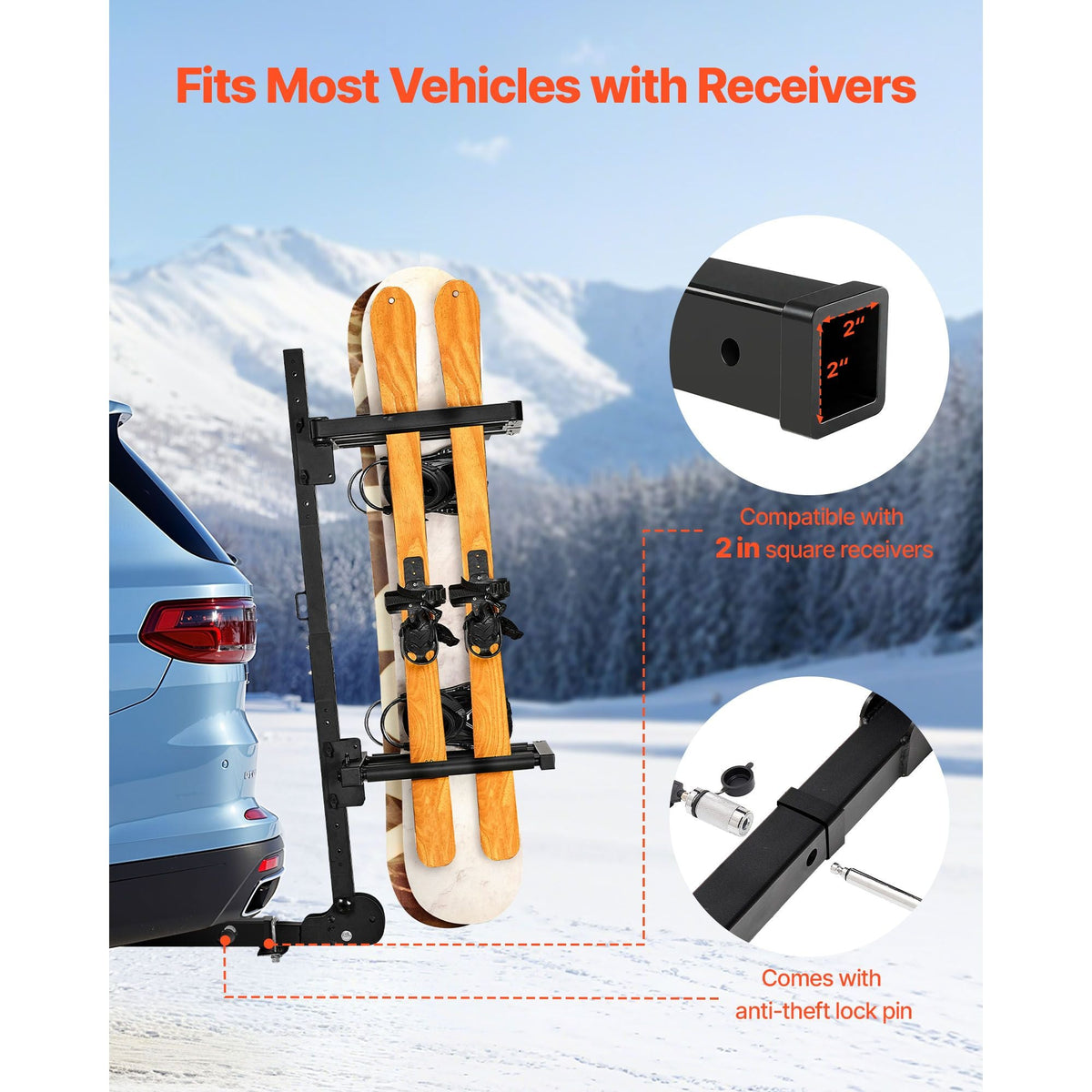 Folding Hitch Mounted Ski & Snowboard Rack, Fits 2-Inch Receiver, Carries up to 6 Pairs of Skis or 4 Snowboards, Adjustable Hitch-Mounted Rack for Car with Key Lock, Security Strap, Tilt Access