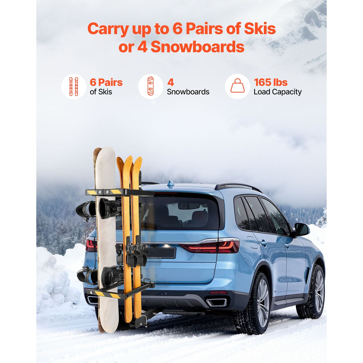 Folding Hitch Mounted Ski & Snowboard Rack, Fits 2-Inch Receiver, Carries up to 6 Pairs of Skis or 4 Snowboards, Adjustable Hitch-Mounted Rack for Car with Key Lock, Security Strap, Tilt Access