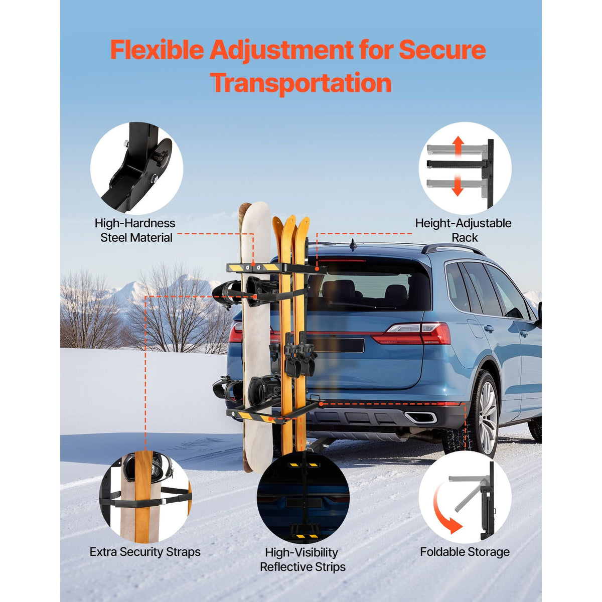 Folding Hitch Mounted Ski & Snowboard Rack, Fits 2-Inch Receiver, Carries up to 6 Pairs of Skis or 4 Snowboards, Adjustable Hitch-Mounted Rack for Car with Key Lock, Security Strap, Tilt Access