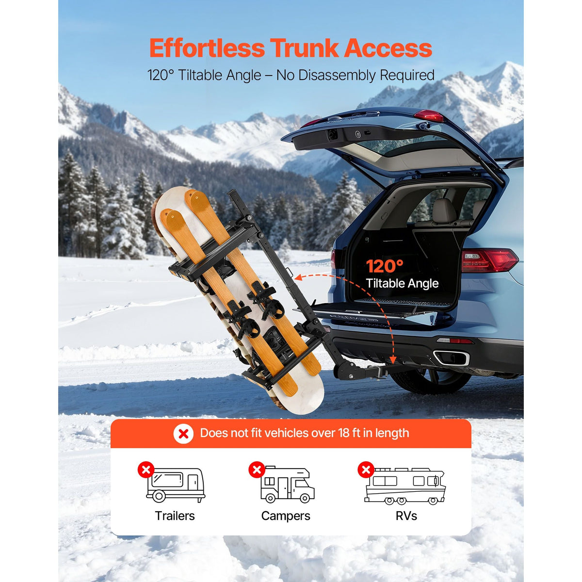 Folding Hitch Mounted Ski & Snowboard Rack, Fits 2-Inch Receiver, Carries up to 6 Pairs of Skis or 4 Snowboards, Adjustable Hitch-Mounted Rack for Car with Key Lock, Security Strap, Tilt Access