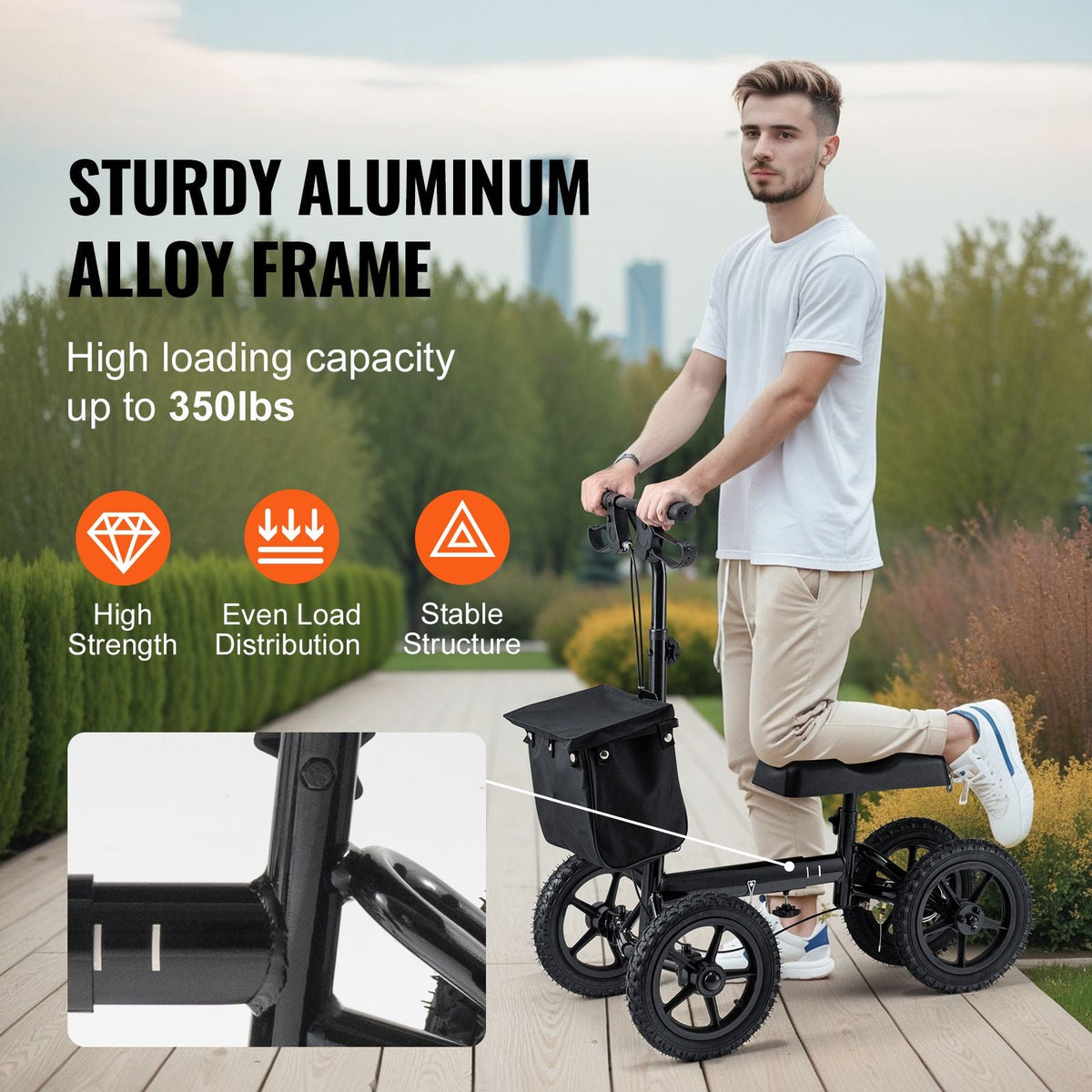 Folding Knee Scooter, Aluminum Steerable Knee Walker with Height-Adjustable Handlebar & Knee Pad, 12" All-Terrain Wheels, Dual Brakes, Leg Recovery Scooter for Broken Ankle Foot Injuries, 350LBS