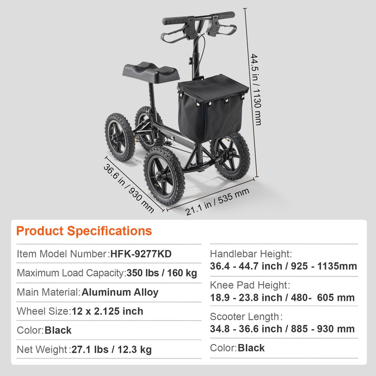 Folding Knee Scooter, Aluminum Steerable Knee Walker with Height-Adjustable Handlebar & Knee Pad, 12" All-Terrain Wheels, Dual Brakes, Leg Recovery Scooter for Broken Ankle Foot Injuries, 350LBS