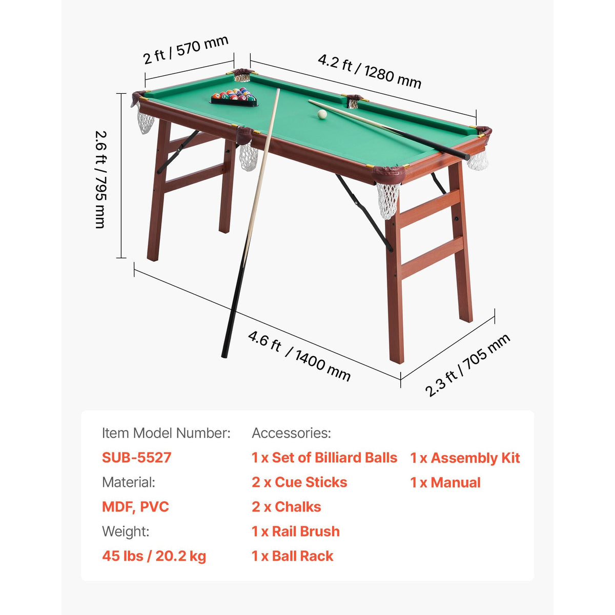 Folding Pool Table, 4.5 ft Portable Billiards Tables, Foldable Space-Saving Entertainment Game Set Includes Ball, Cue, Rack, Chalk, Brush, Brown with Bule Cloth, for Family Use, Recreation Room
