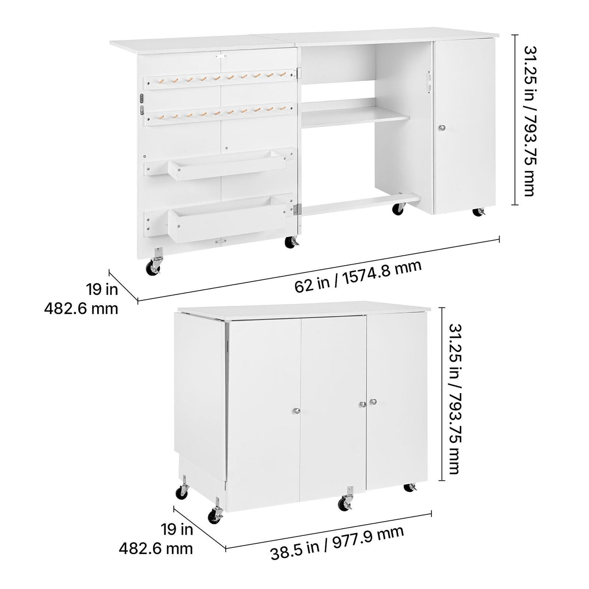 Folding Sewing Table, Multipurpose Sewing Machine Table with Cabinet, Compact Design, Wheels, Wooden Pegs, Storage Trays and Shelf, Magnetic Door, Craft Station and Side Desk for Home, White