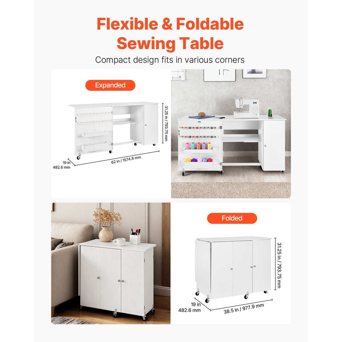 Folding Sewing Table, Multipurpose Sewing Machine Table with Cabinet, Compact Design, Wheels, Wooden Pegs, Storage Trays and Shelf, Magnetic Door, Craft Station and Side Desk for Home, White