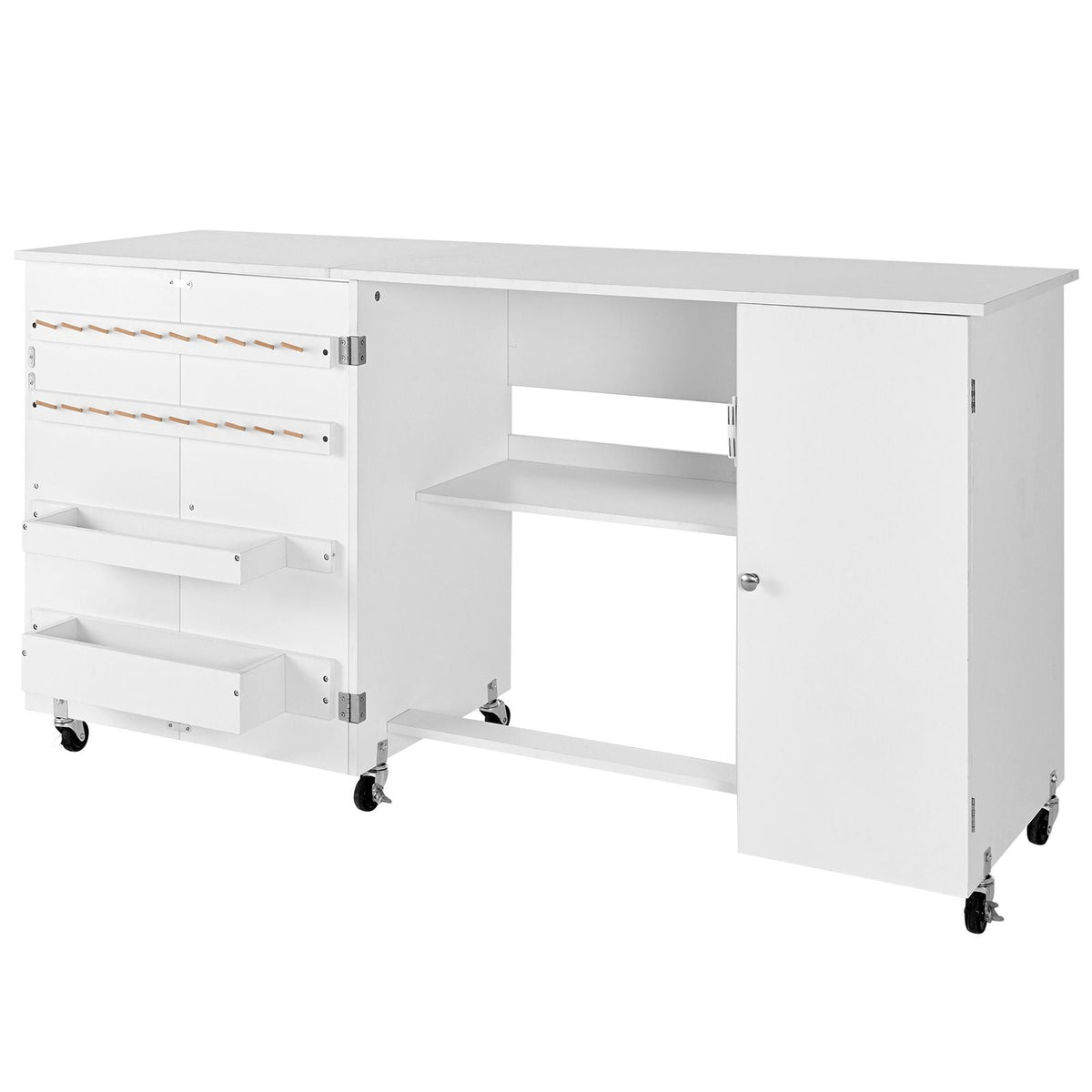 Folding Sewing Table, Multipurpose Sewing Machine Table with Cabinet, Compact Design, Wheels, Wooden Pegs, Storage Trays and Shelf, Magnetic Door, Craft Station and Side Desk for Home, White