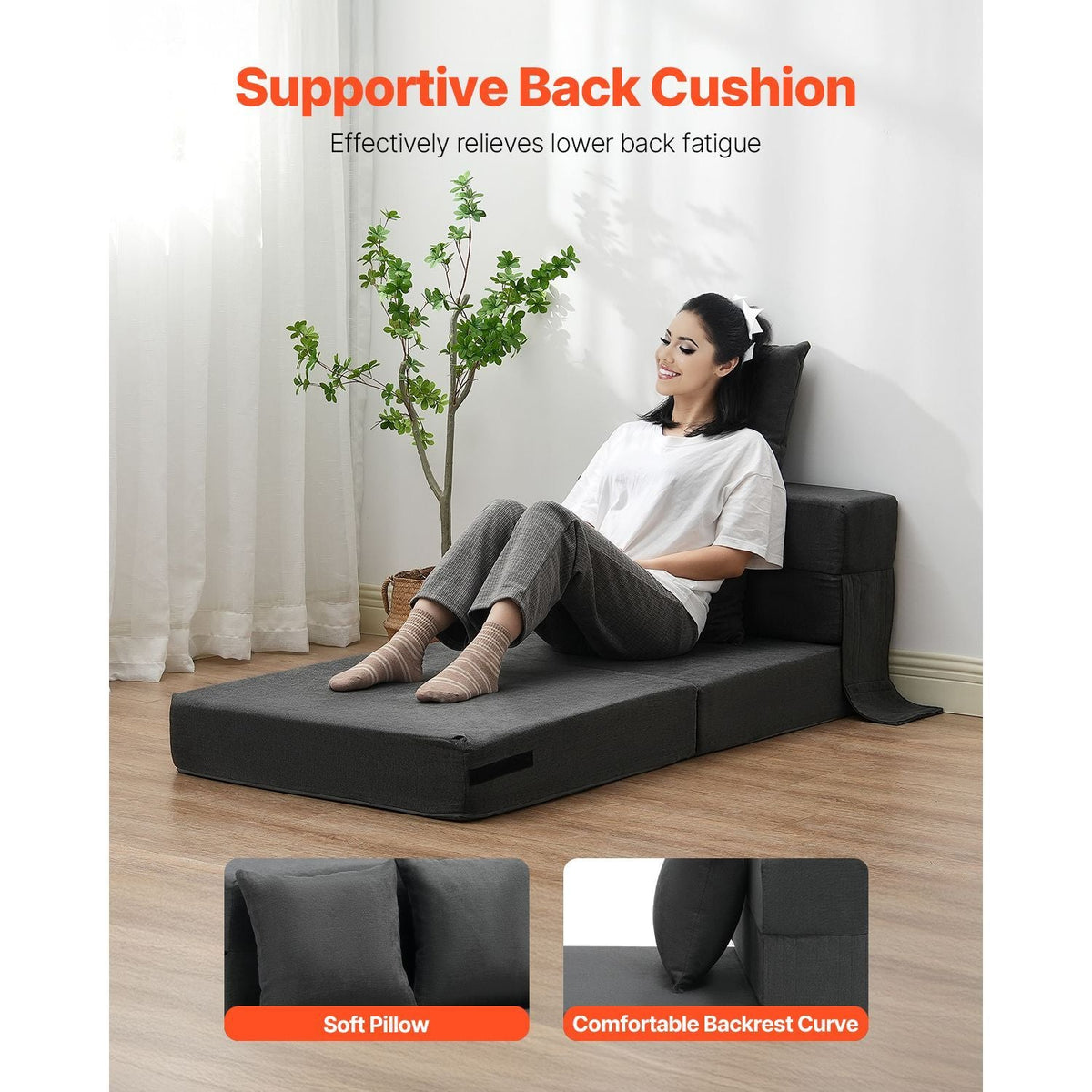 Folding Sofa Bed, 3-in-1 Foldable Couch Bed with 2 Pillows and Washable Cover, 25D High Density Memory Foam Convertible Sleeper Chair Bed, Futon Couch for Living Room, Bedroom, Dark Grey(Single)