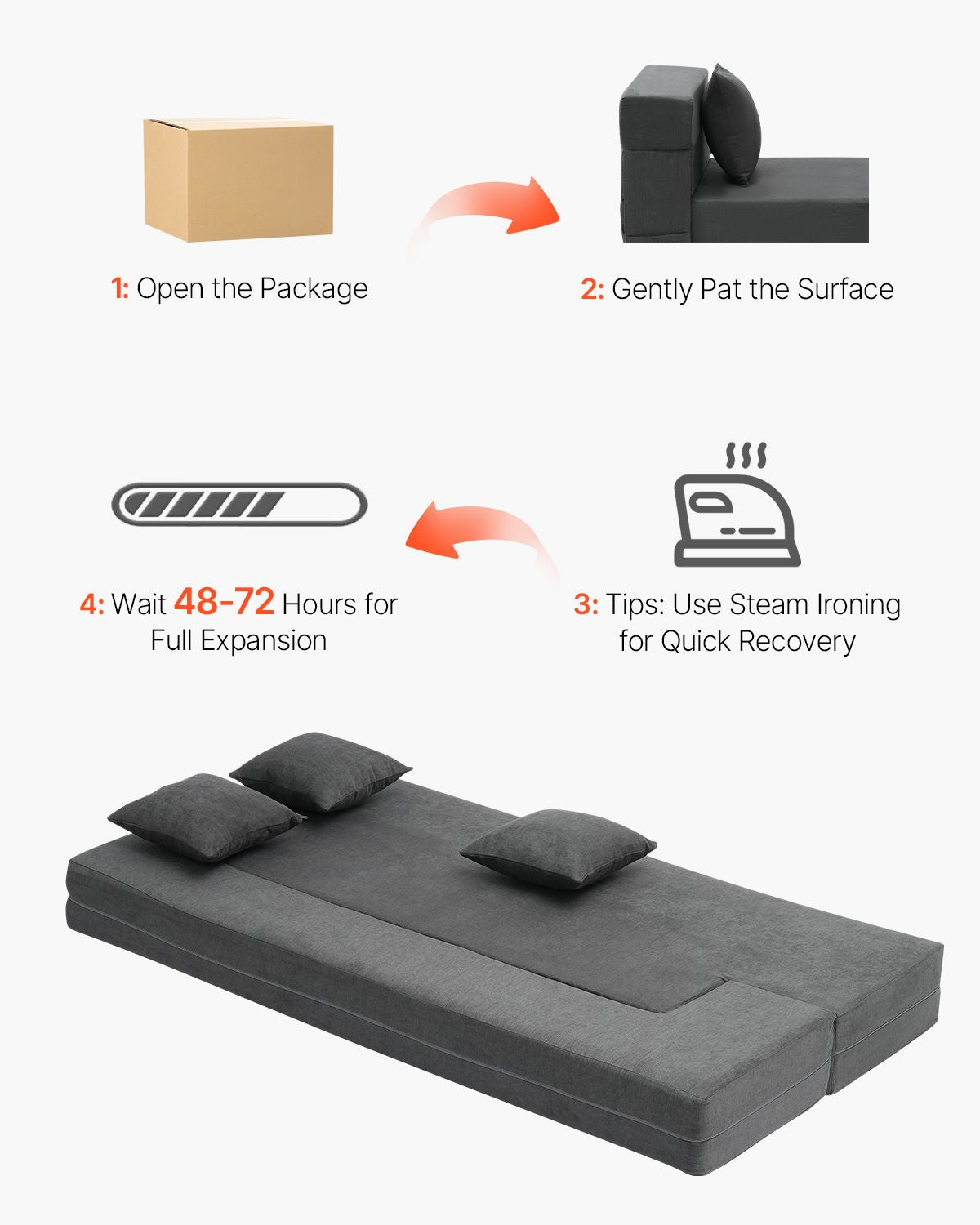 Folding Sofa Bed, 3-in-1 Foldable Couch Bed with 3 Pillows and Washable Cover, 25D High Density Memory Foam Convertible Sleeper Chair Bed, Futon Couch for Living Room, Bedroom, Dark Grey(Twin)