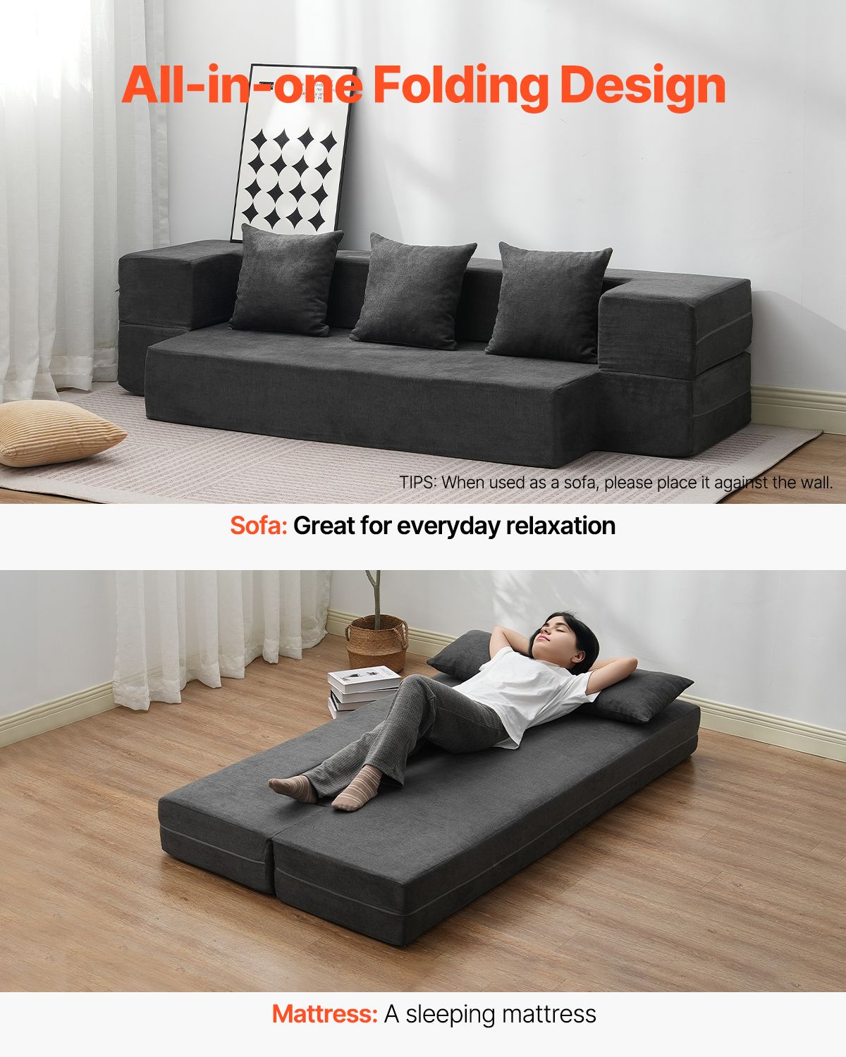 Folding Sofa Bed, 3-in-1 Foldable Couch Bed with 3 Pillows and Washable Cover, 25D High Density Memory Foam Convertible Sleeper Chair Bed, Futon Couch for Living Room, Bedroom, Dark Grey(Twin)