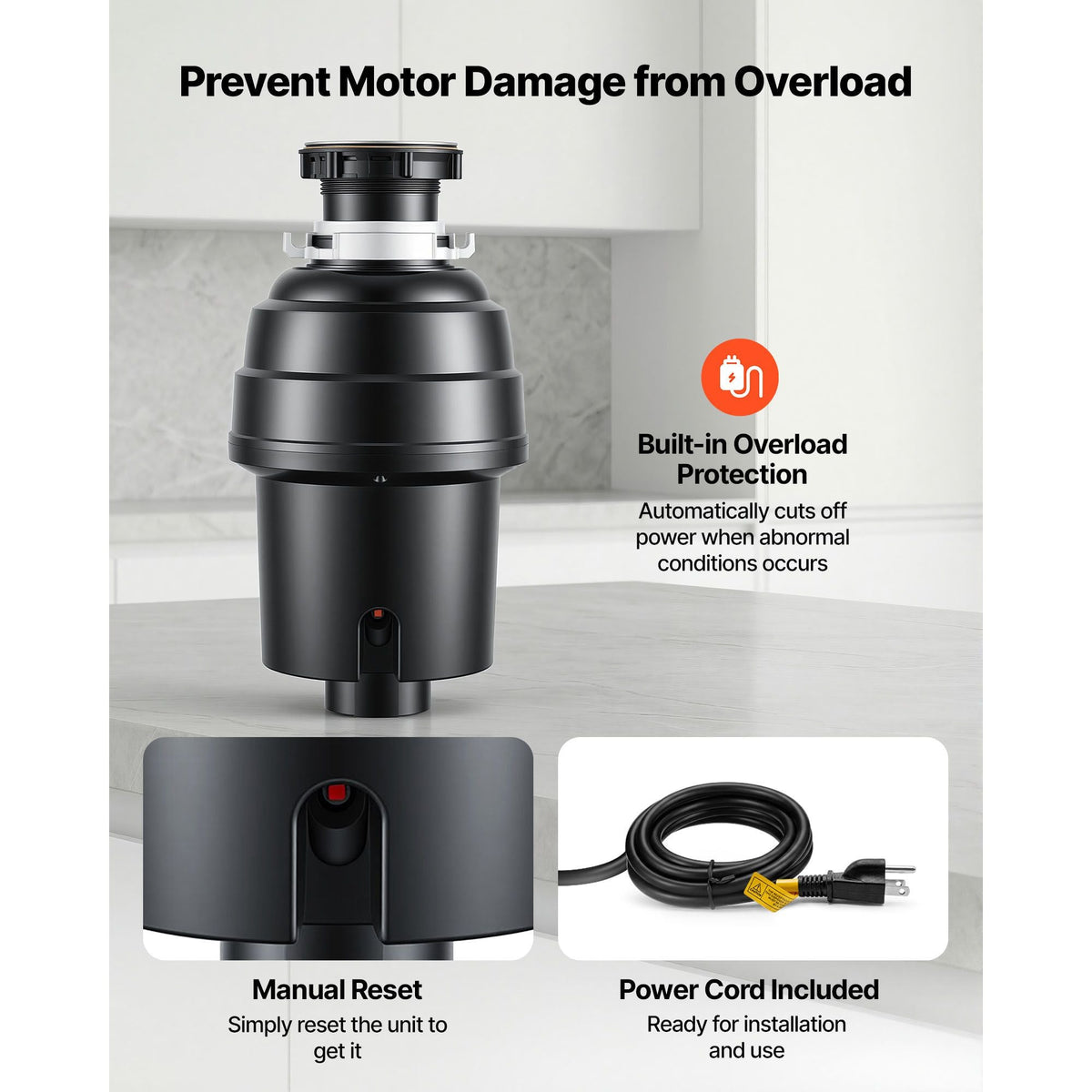Food Waste Garbage Disposal, 1HP 3500RPM DC Motor, Continuous Feed Kitchen Sink Garbage Disposer, EZ Connect Food Waste Grinding System with Sound Reduction & Power Cord for Kitchens