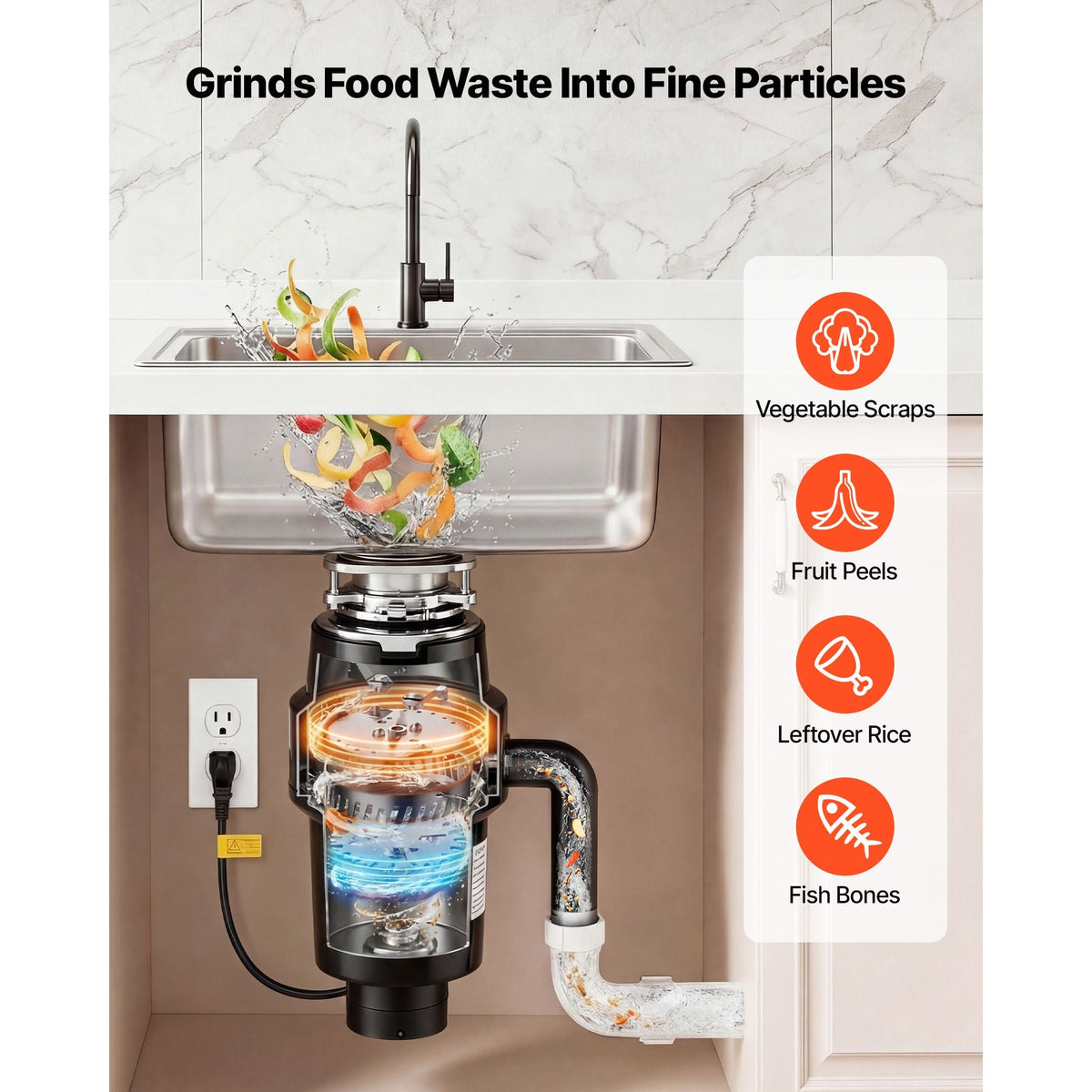 Food Waste Garbage Disposal, 1HP 3700RPM DC Motor, Continuous Feed Kitchen Sink Garbage Disposer, 3-Bolt Mount Food Waste Grinding System with Splash Guard & Power Cord for Kitchens