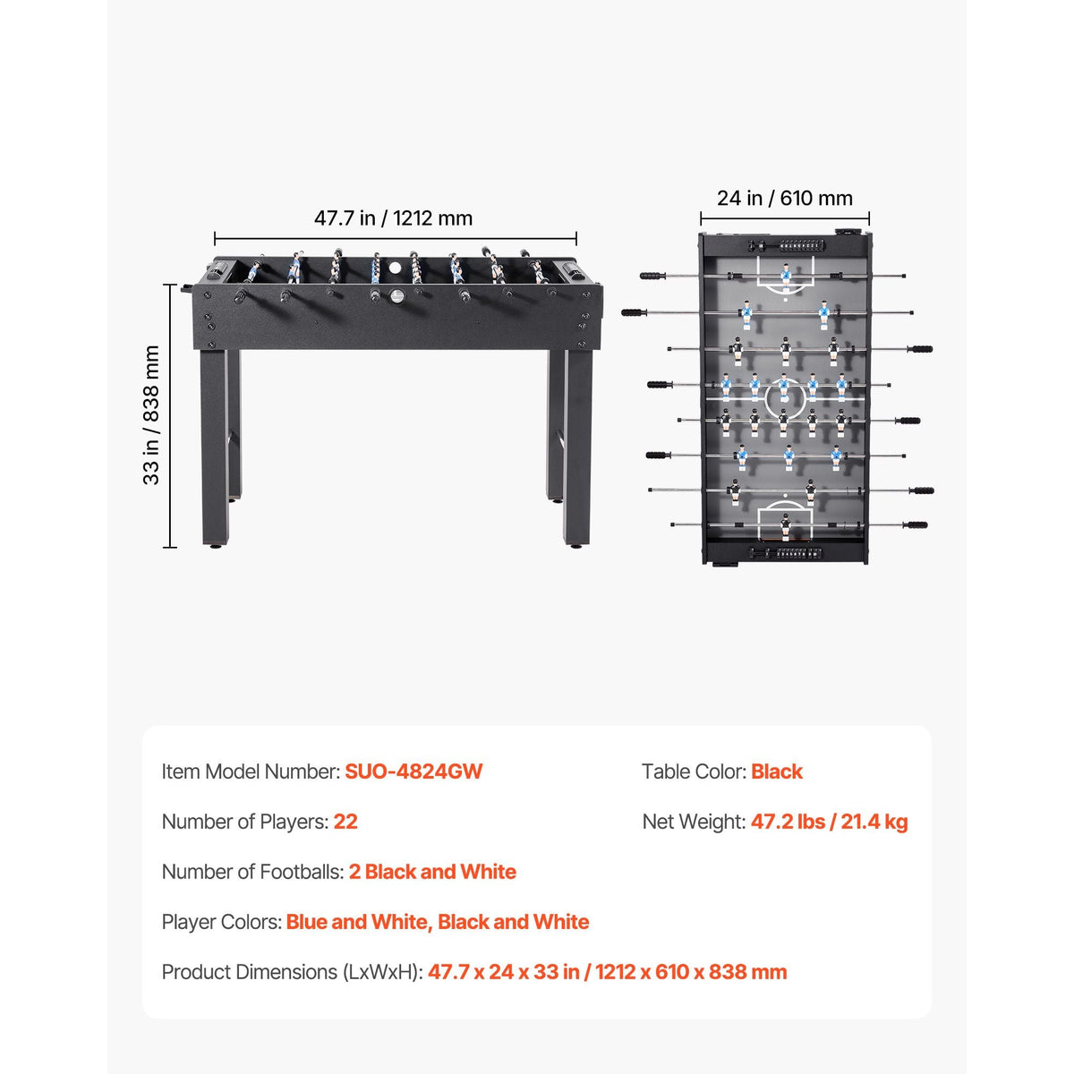 Foosball Table, 48 inch Standard Size Table, Indoor Full Size Foosball Tables for Home, Family, and Game Room, Durable Soccer Set, Includes 2 Balls, Score Keeper, and 2 Cup Holders