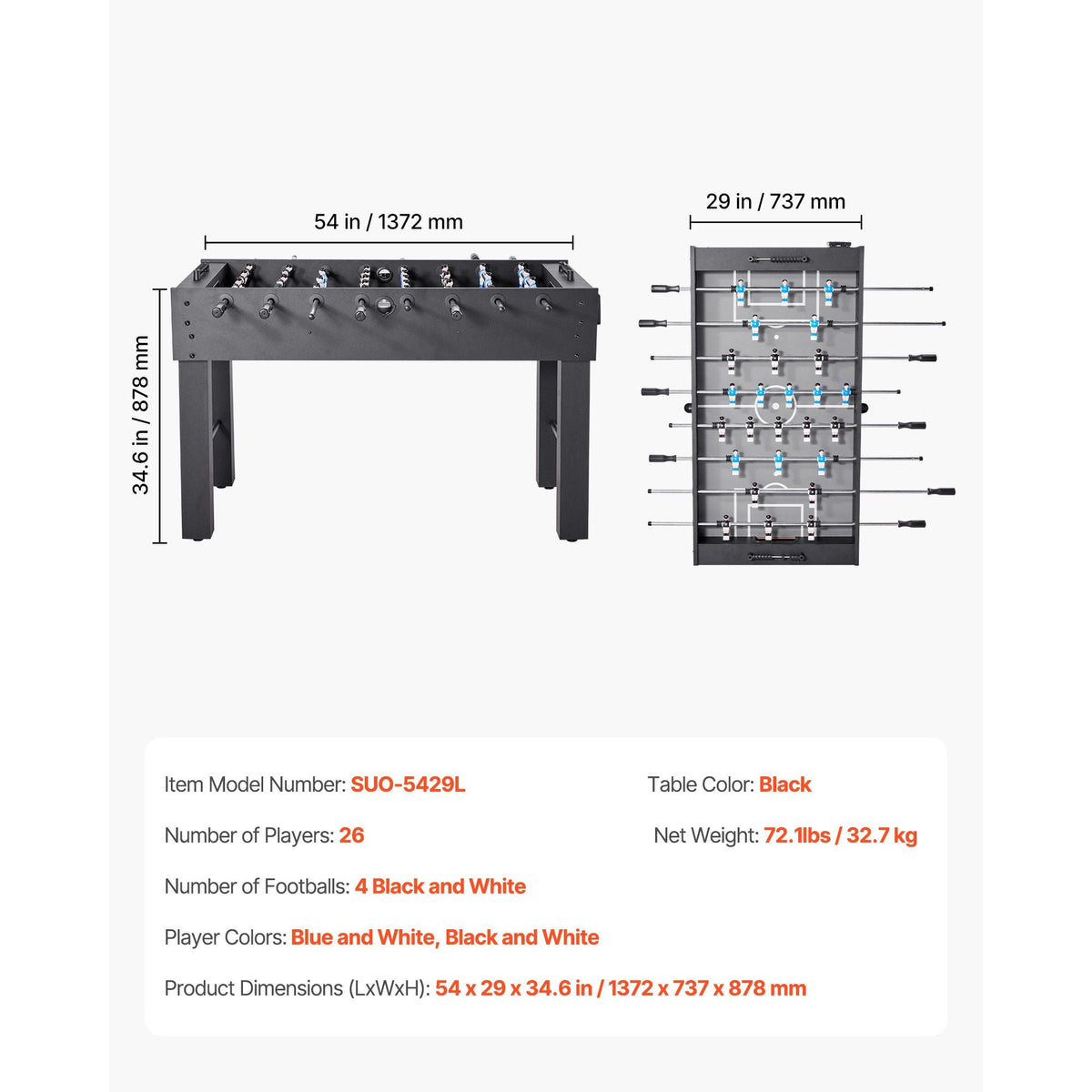 Foosball Table, 55 inch Standard Size Table, Indoor Full Size Foosball Tables for Home, Family, and Game Room, Durable Soccer Set, Includes 4 Balls, Score Keeper, and 2 Cup Holders
