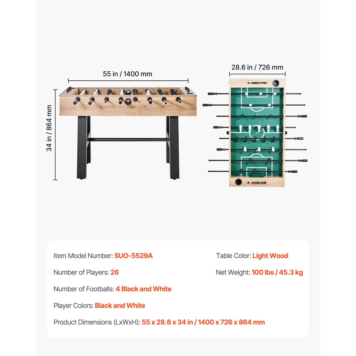 Foosball Table, 55 inch Standard Size Table, Indoor Full Size Foosball Tables for Home, Family, and Game Room, Durable Soccer Set, Includes 4 Balls, Score Keeper, and 2 Cup Holders