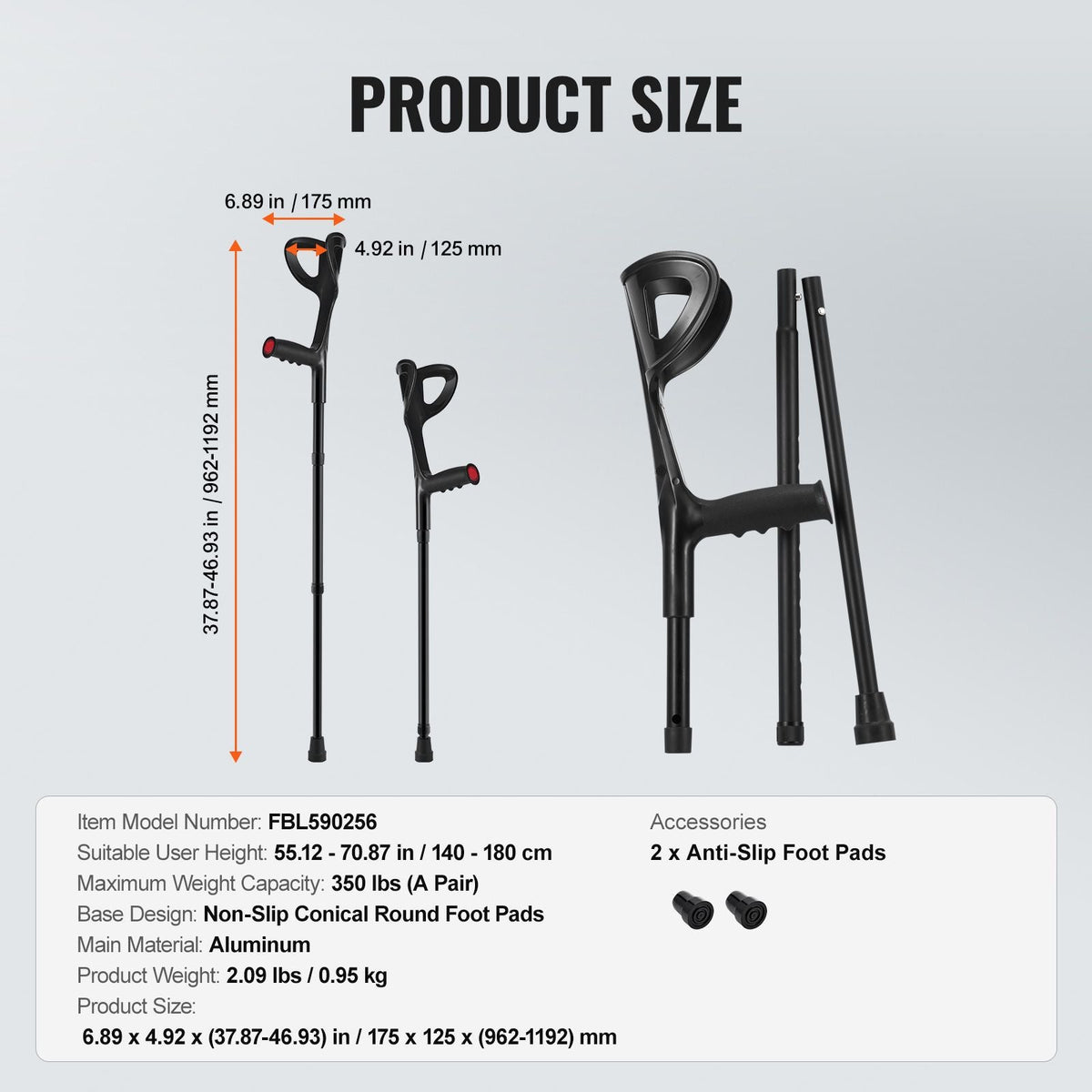 Forearm Crutches for Adults, Folding Walking Forearm Crutches with 10-Level Adjustable Height, Lightweight Aluminum Medical Crutches with Open Cuff for Leg Injury Surgery Disabled, 1 Pair 350LBS