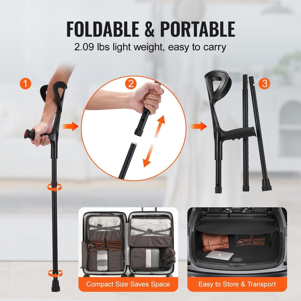 Forearm Crutches for Adults, Folding Walking Forearm Crutches with 10-Level Adjustable Height, Lightweight Aluminum Medical Crutches with Open Cuff for Leg Injury Surgery Disabled, 1 Pair 350LBS